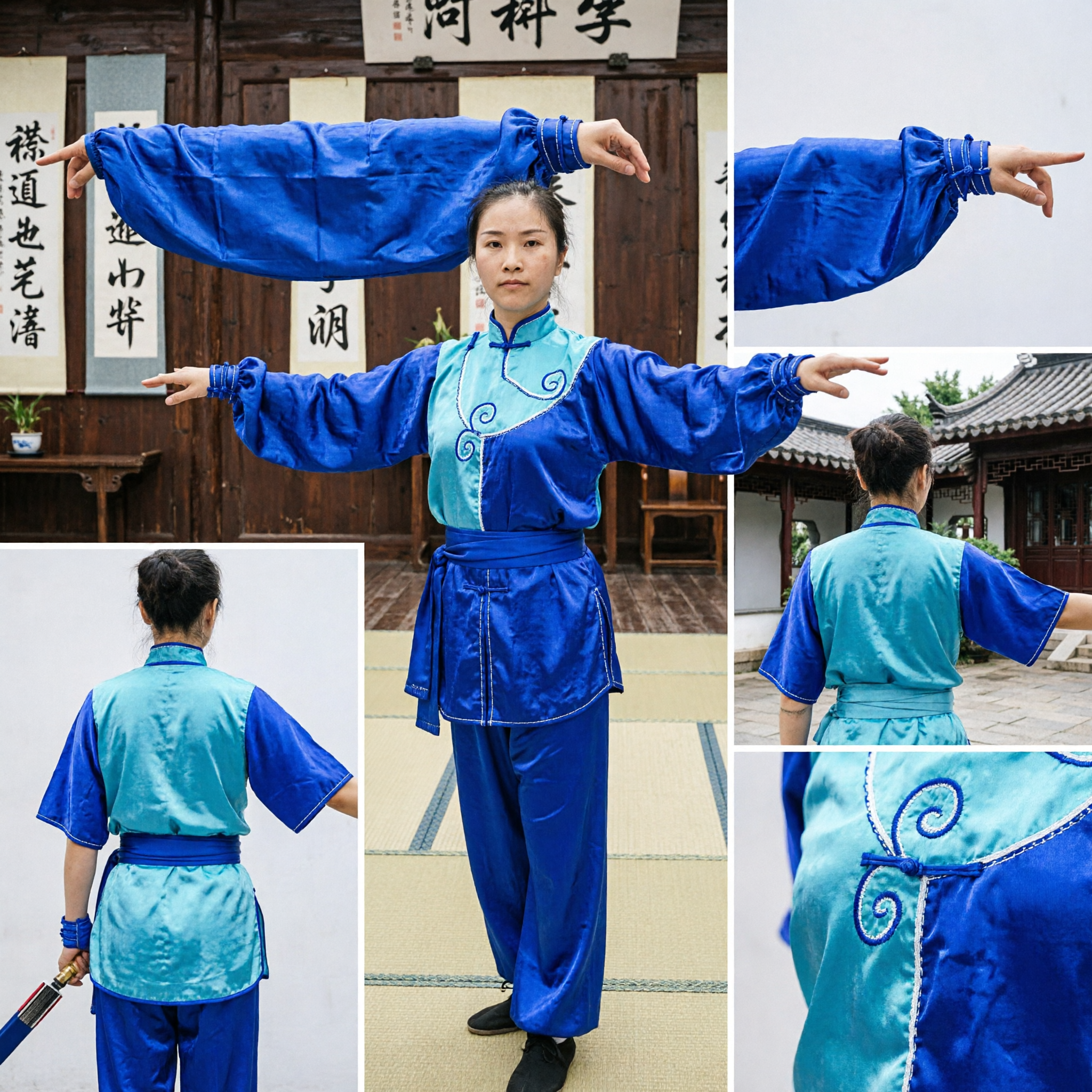 Professional Women's Blue Traditional Wushu Kung Fu Uniform Silk Martial Arts Performance Costume for Competition