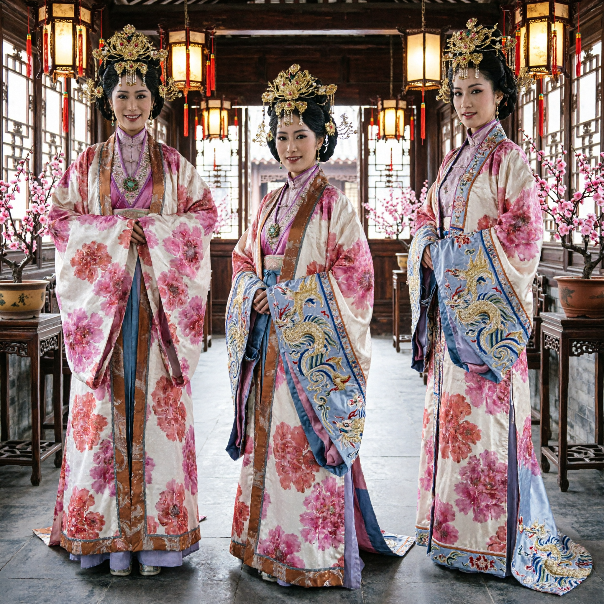 Traditional Japanese Furisode Kimono Full Set with Pink Floral Pattern and Golden Hair Accessories for Women