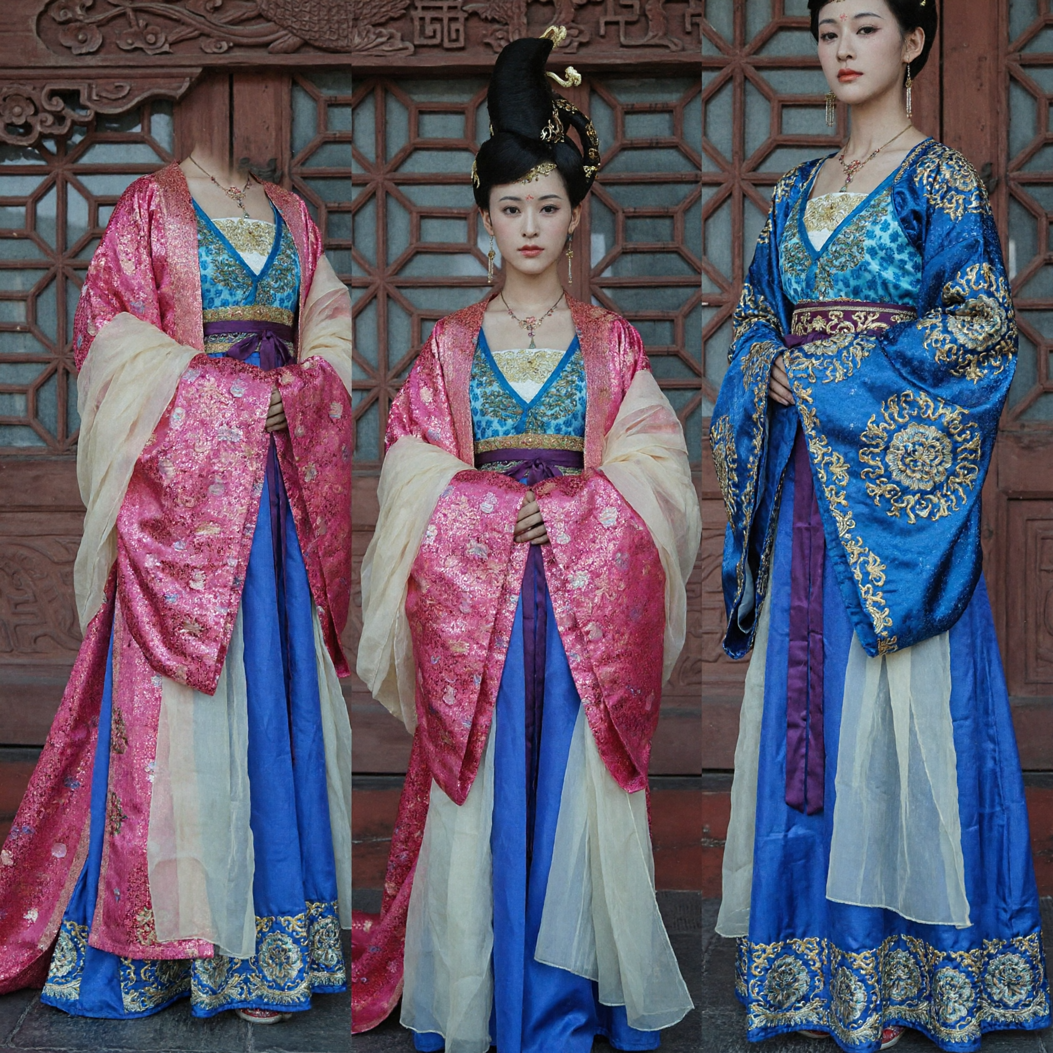 Ancient Chinese Princess Costume Traditional Tang Dynasty Hanfu Pink and Blue Dress for Women Performance