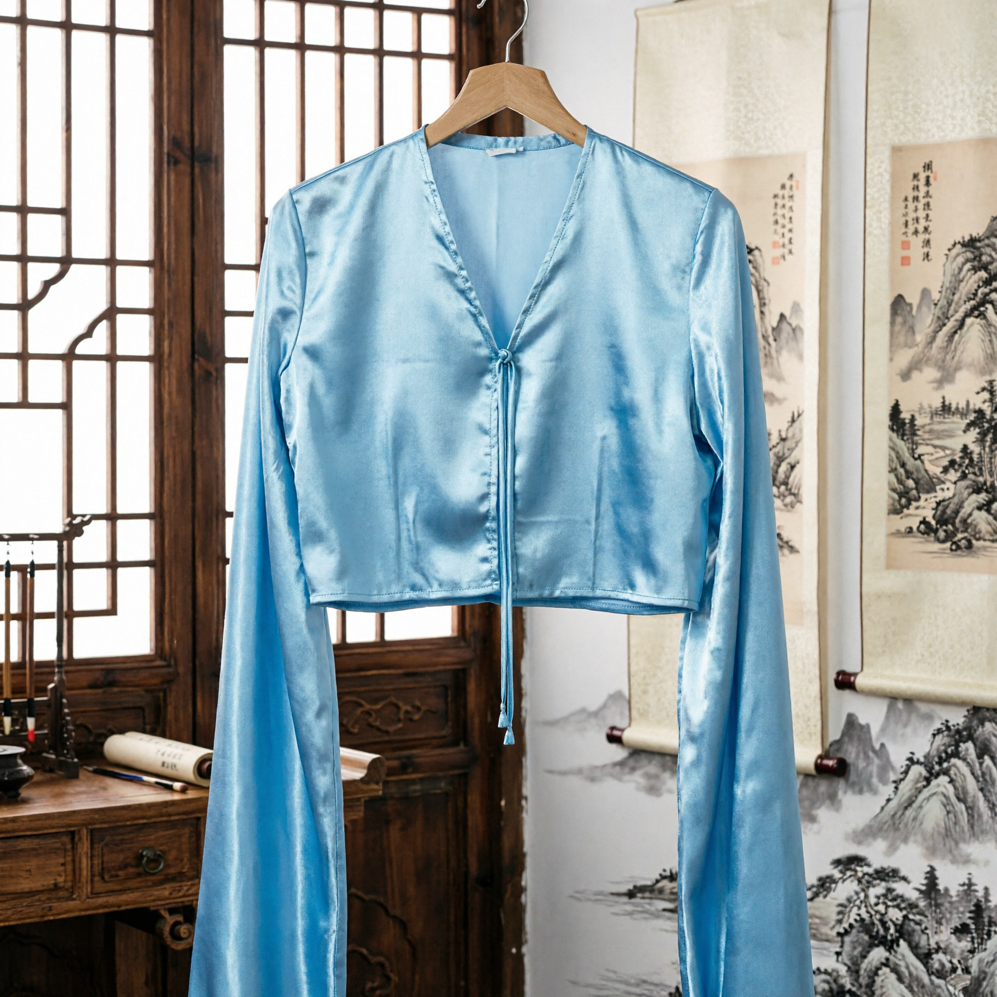 Light Blue Satin Hanfu Bolero Long Sleeve Shrug Traditional Chinese Costume Accessory for Women