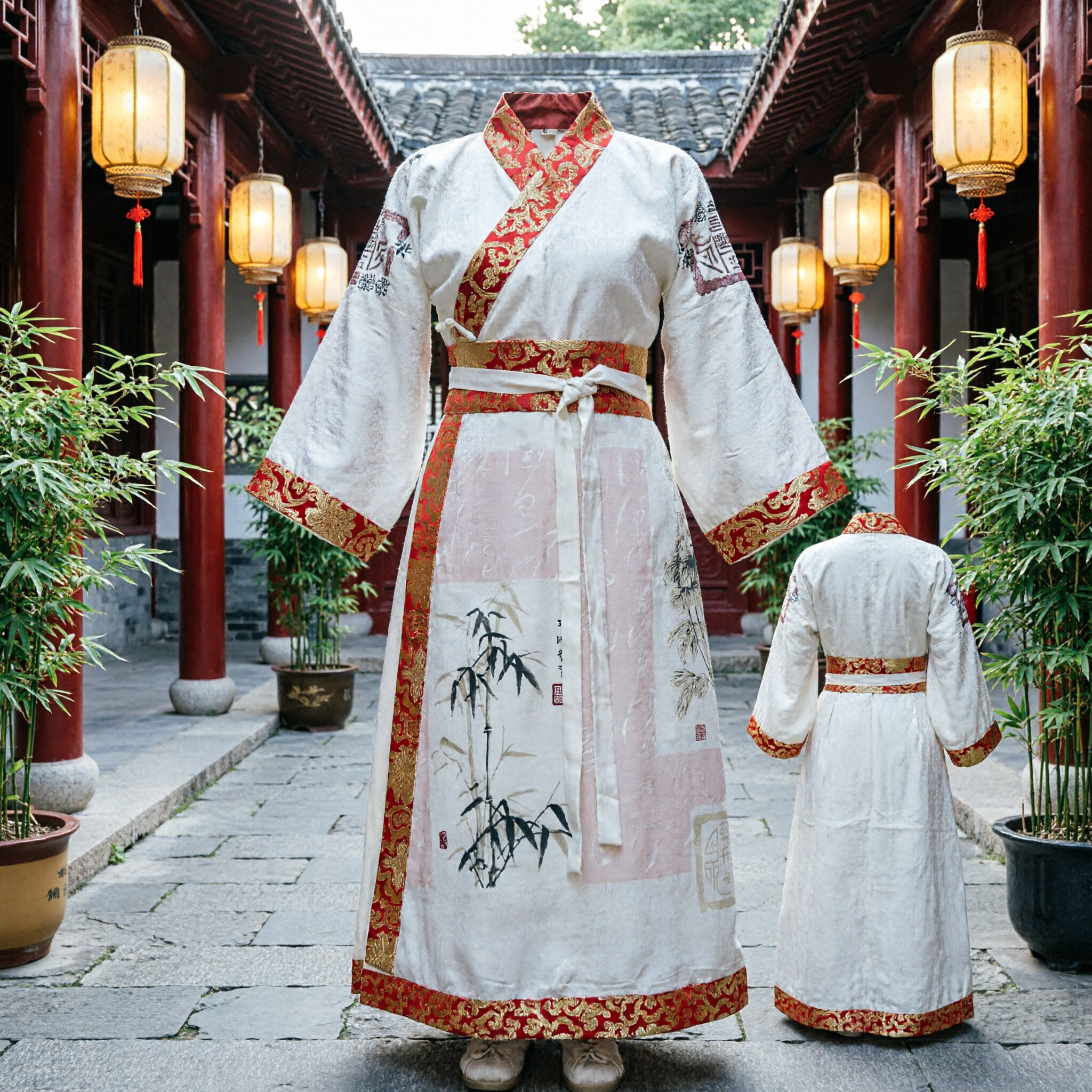 Traditional Chinese Hanfu White Cross-Collar Robe with Red Gold Brocade Trim and Ink Bamboo Print for Cultural Performance