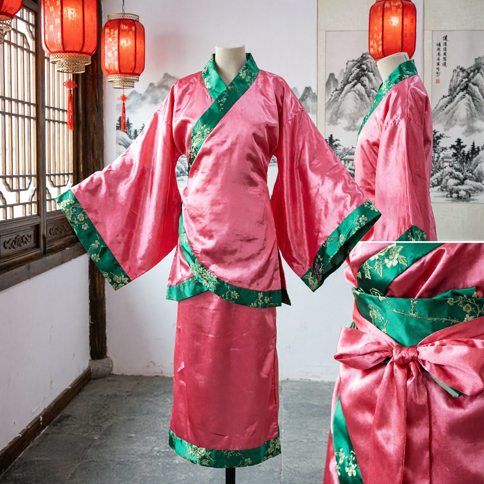 Traditional Chinese Hanfu Ancient Costume Pink Satin Robe with Green Floral Trim for Women Cultural Performance