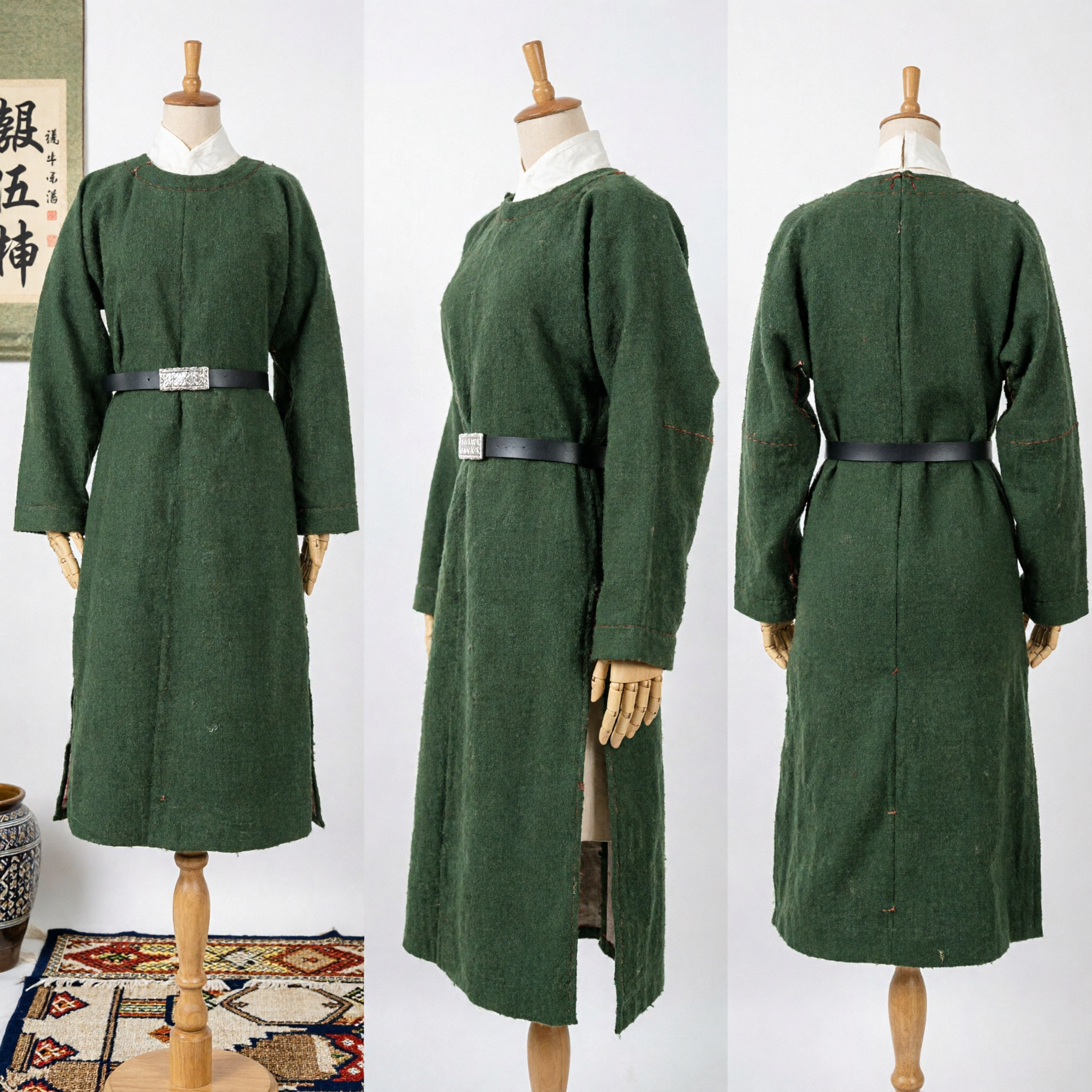Traditional Green Mongolian Deel Robe Wool Ethnic Costume for Adult Cultural Performances and Festivals