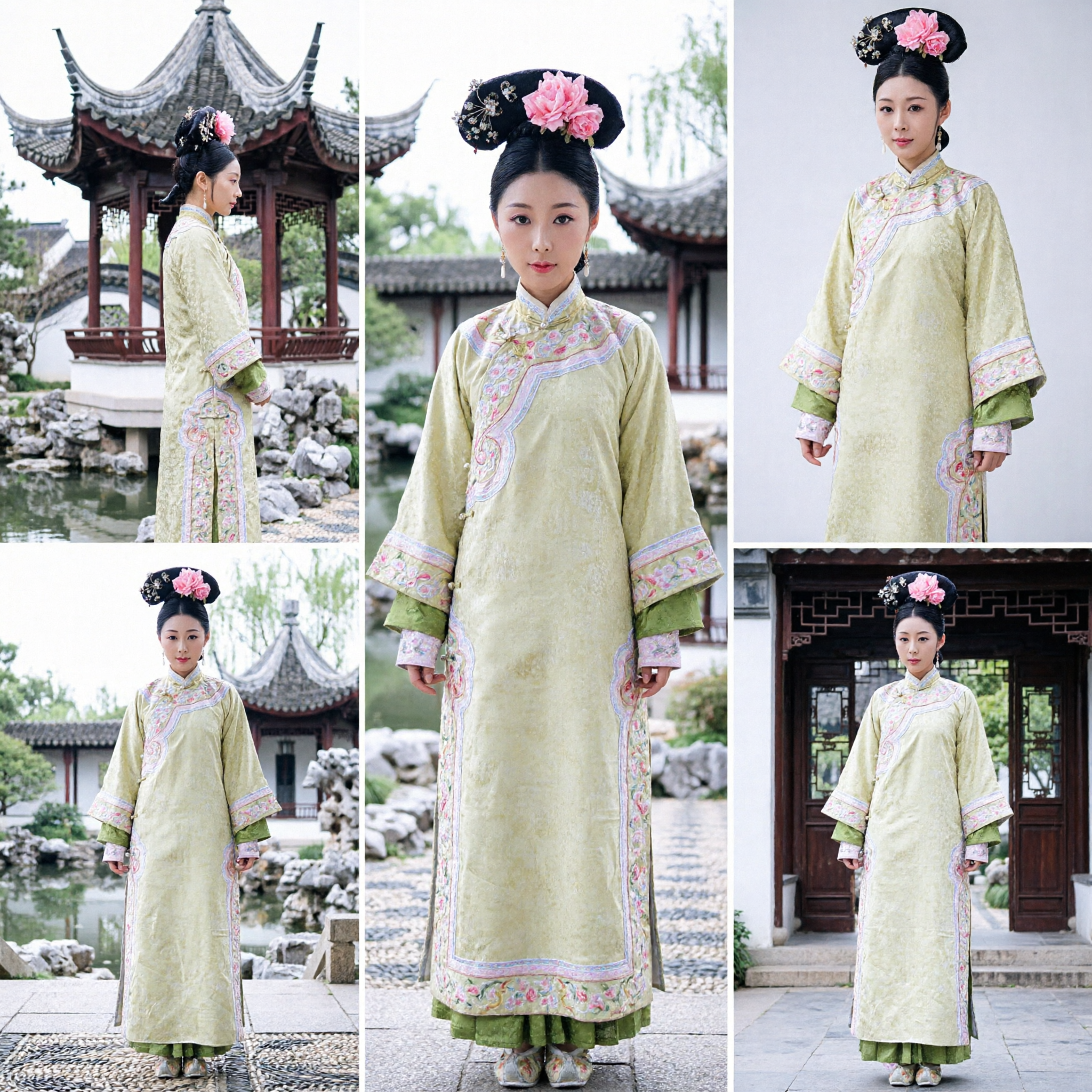 Yellow Floral Embroidered Qing Dynasty Manchu Princess Robe Traditional Chinese Historical Costume for Women Performance