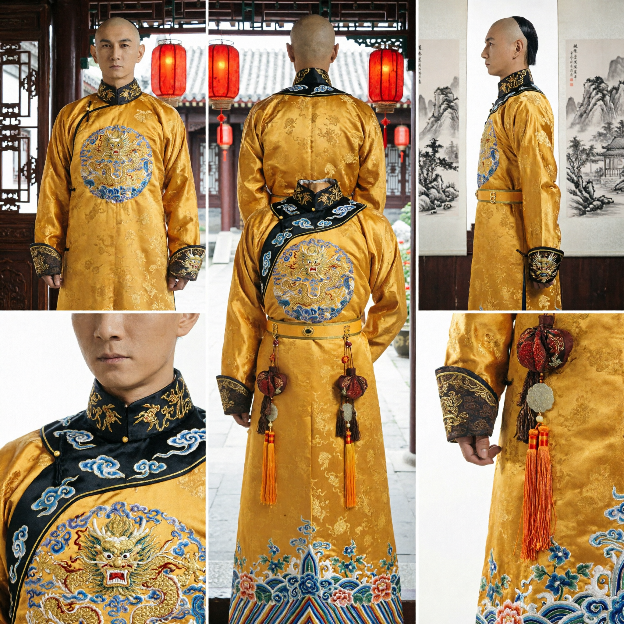 Men's Qing Dynasty Imperial Yellow Dragon Robe Traditional Chinese Emperor Costume for Cosplay and Historical Reenactment