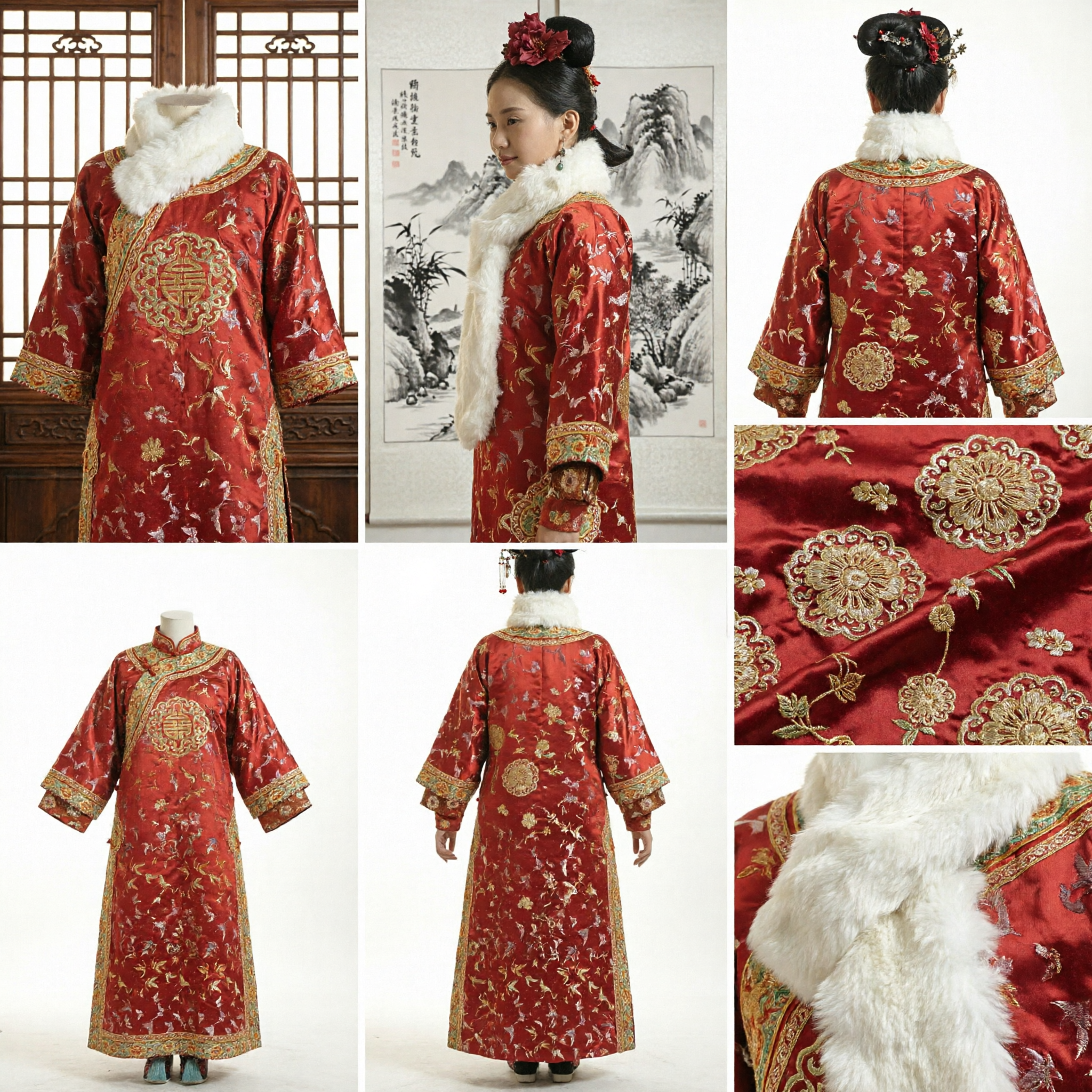 Elegant Red Ancient Chinese Noblewoman Robe with White Fur Trim Qing Dynasty Style Performance Costume for Women