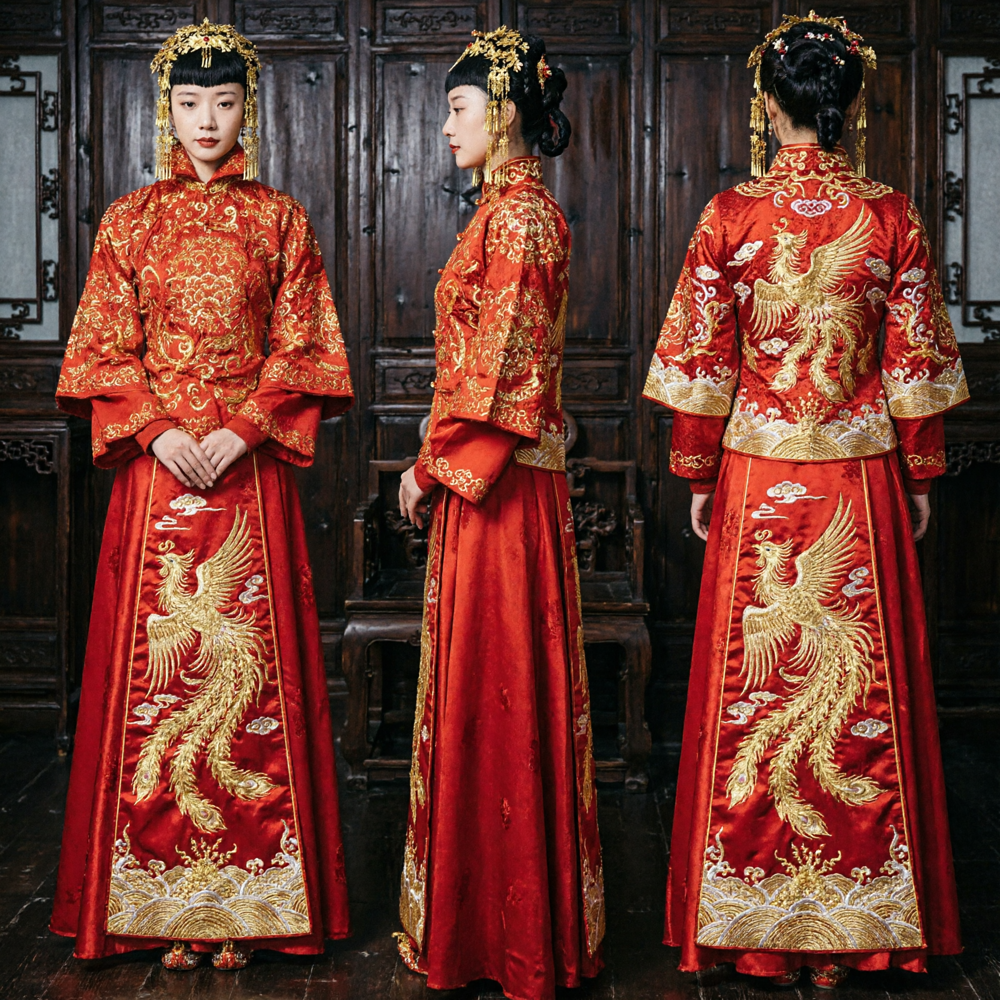 Traditional Chinese Qing Dynasty Empress Wedding Costume Red Embroidered Dragon Phoenix Robe with Headdress for Women