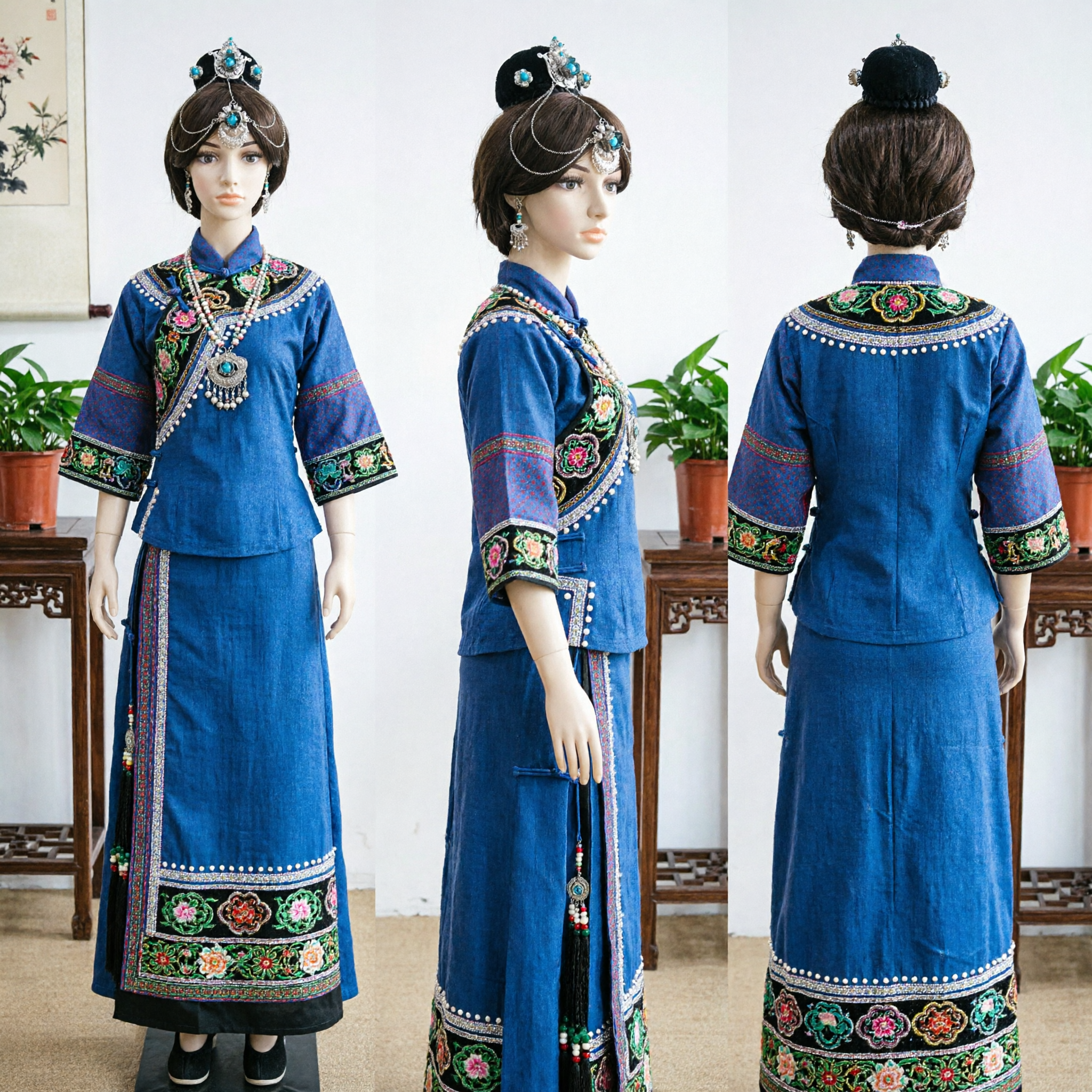 Ancient Chinese Hanfu Hair Accessories Set Qing Dynasty Style Headpiece with Blue Stones and Chains for Cosplay