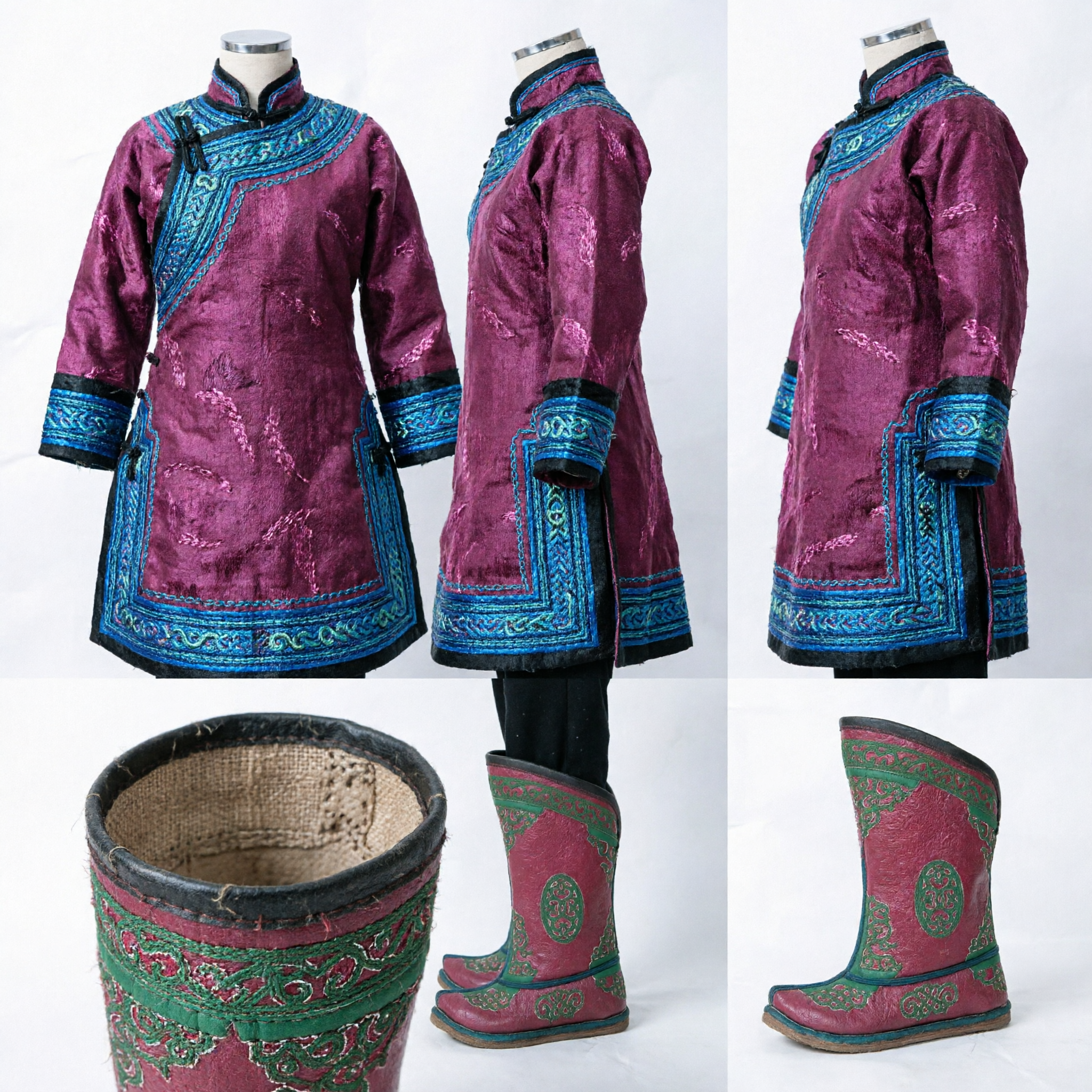 Traditional Mongolian Leather Boots with Green Embroidery for Ethnic Folk Dance Costume and Cultural Performance