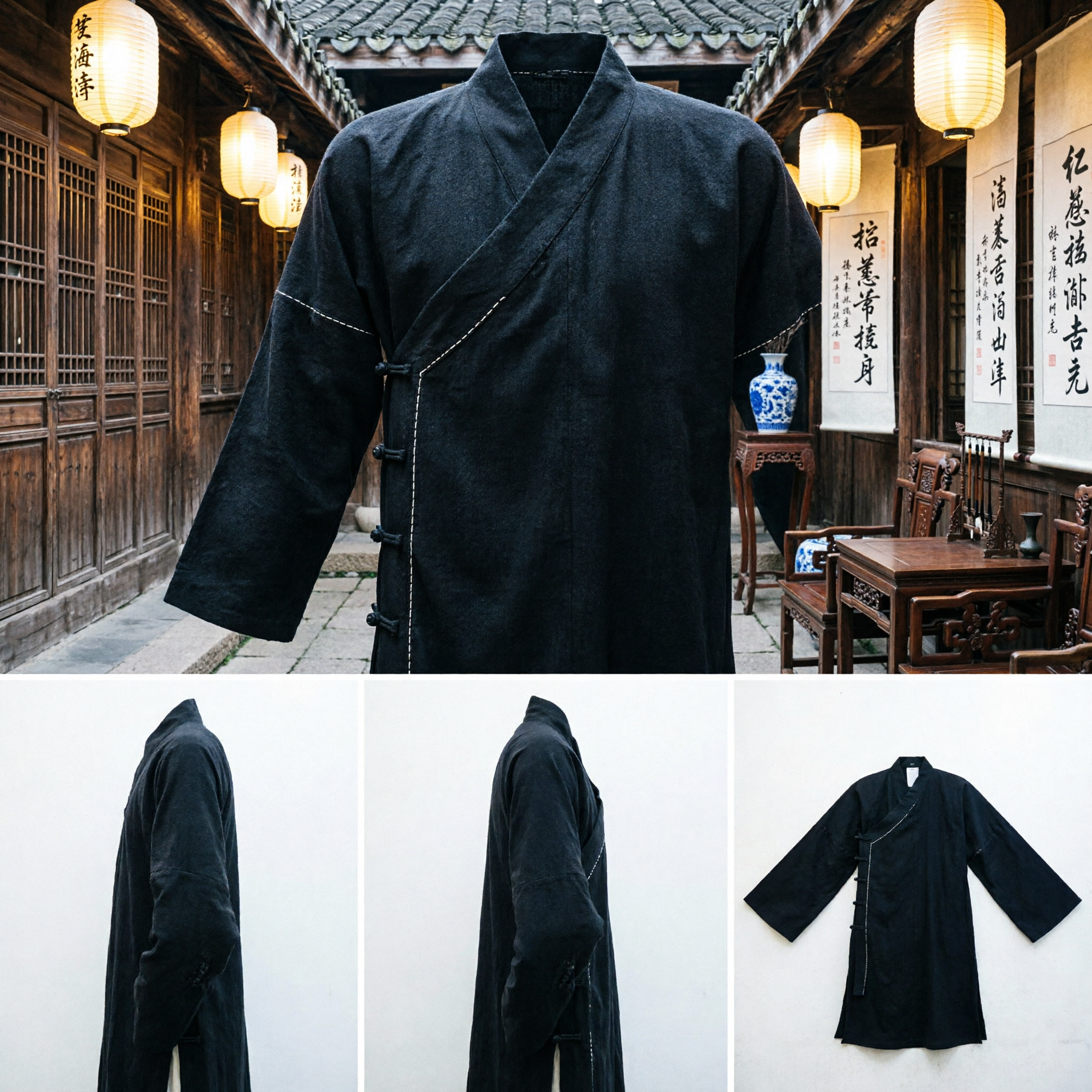 Traditional Chinese Kung Fu Uniform Black Cotton Changshan Tai Chi Martial Arts Suit for Men