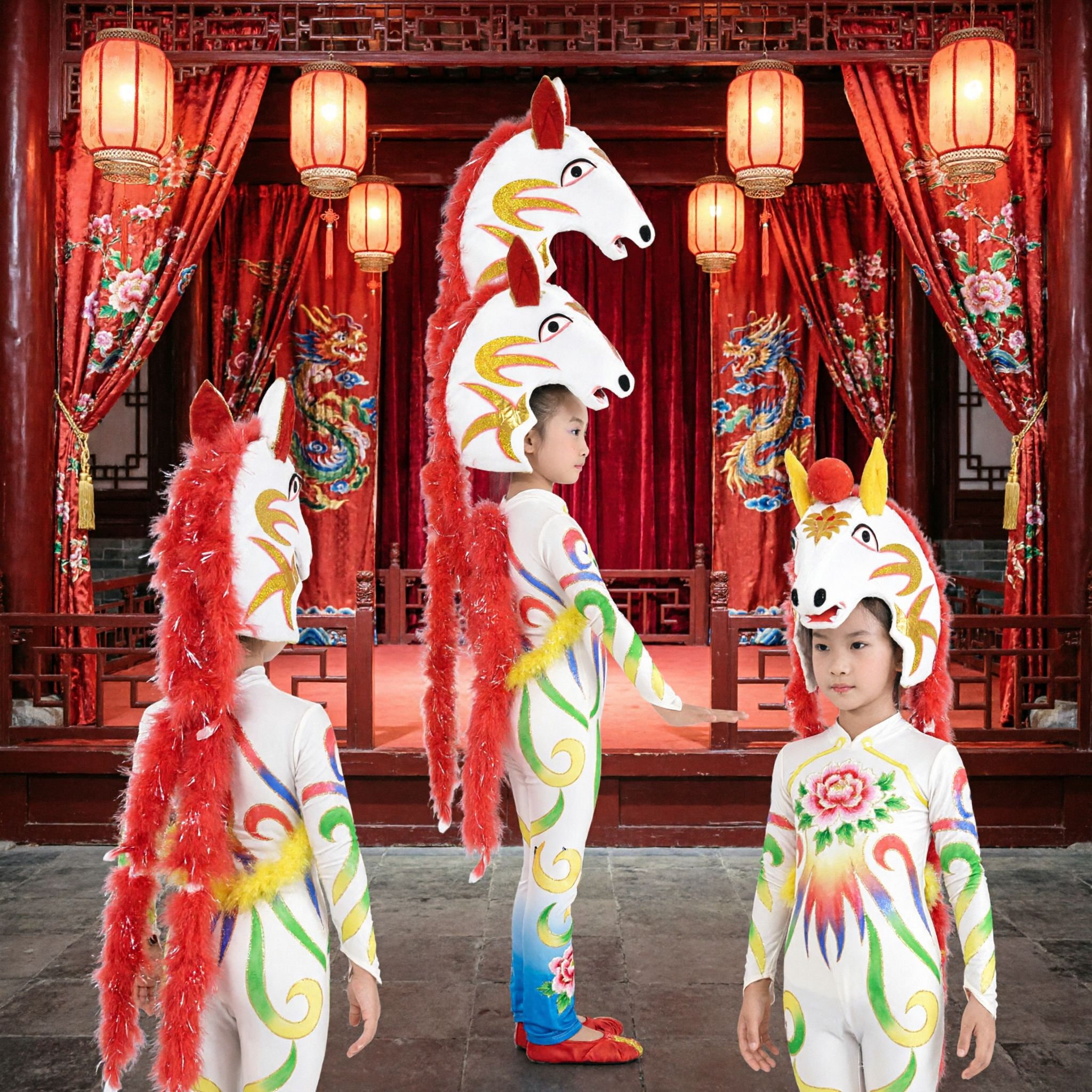 Children's Traditional Chinese Horse Dance Costume White Bodysuit with Red Mane Headpiece for Stage Performance