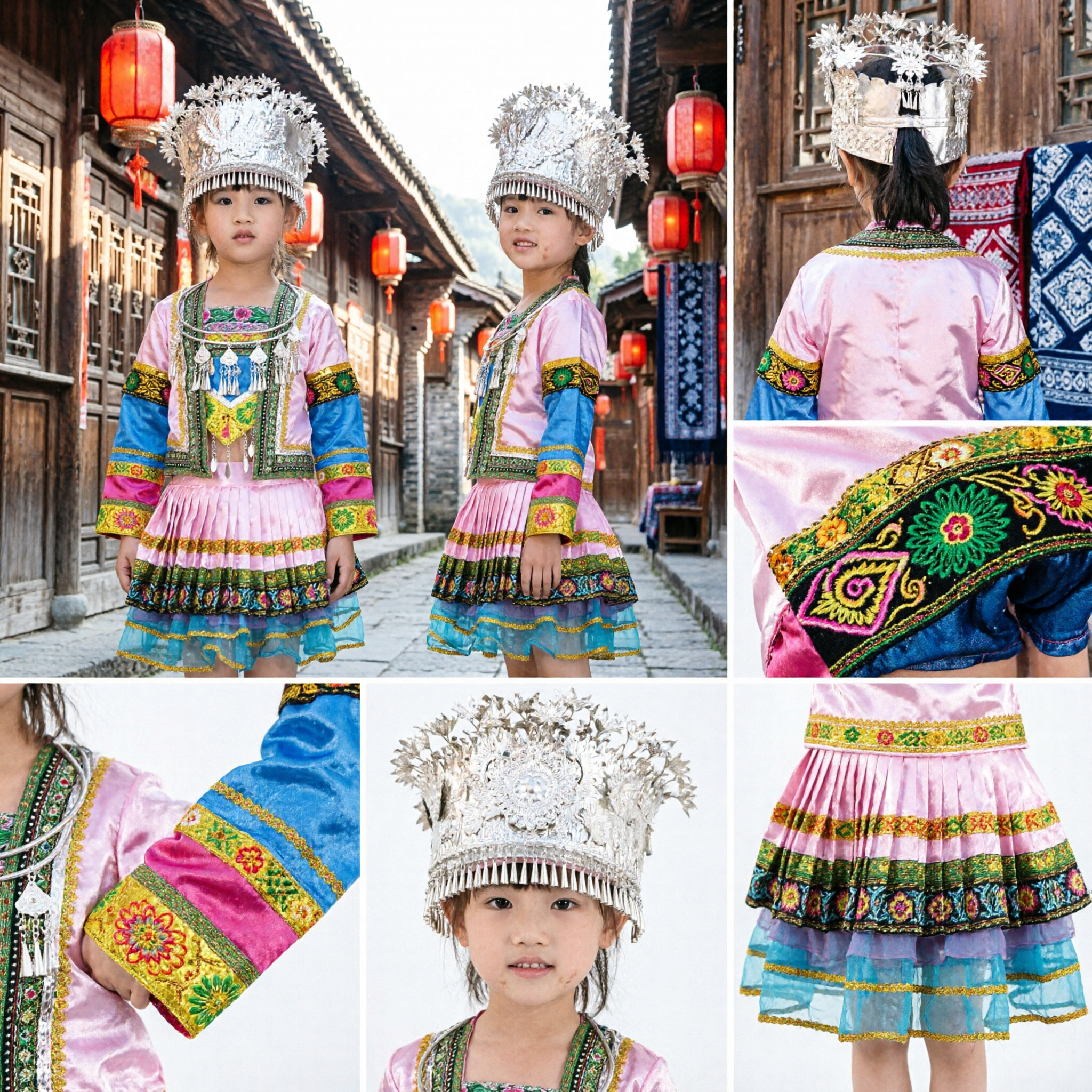 Traditional Chinese Miao Ethnic Dance Costume for Kids Girls Folk Performance Dress with Silver Hat