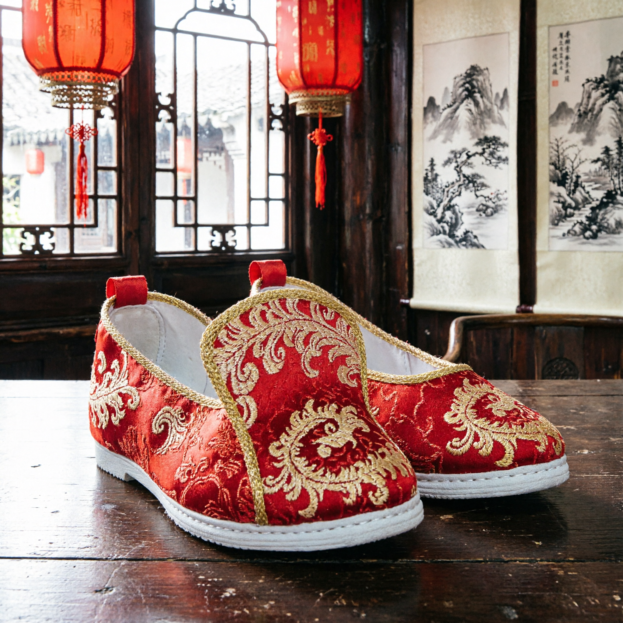 Traditional Chinese Red Brocade Shoes with Gold Embroidery Ancient Hanfu Footwear for Wedding and Performance