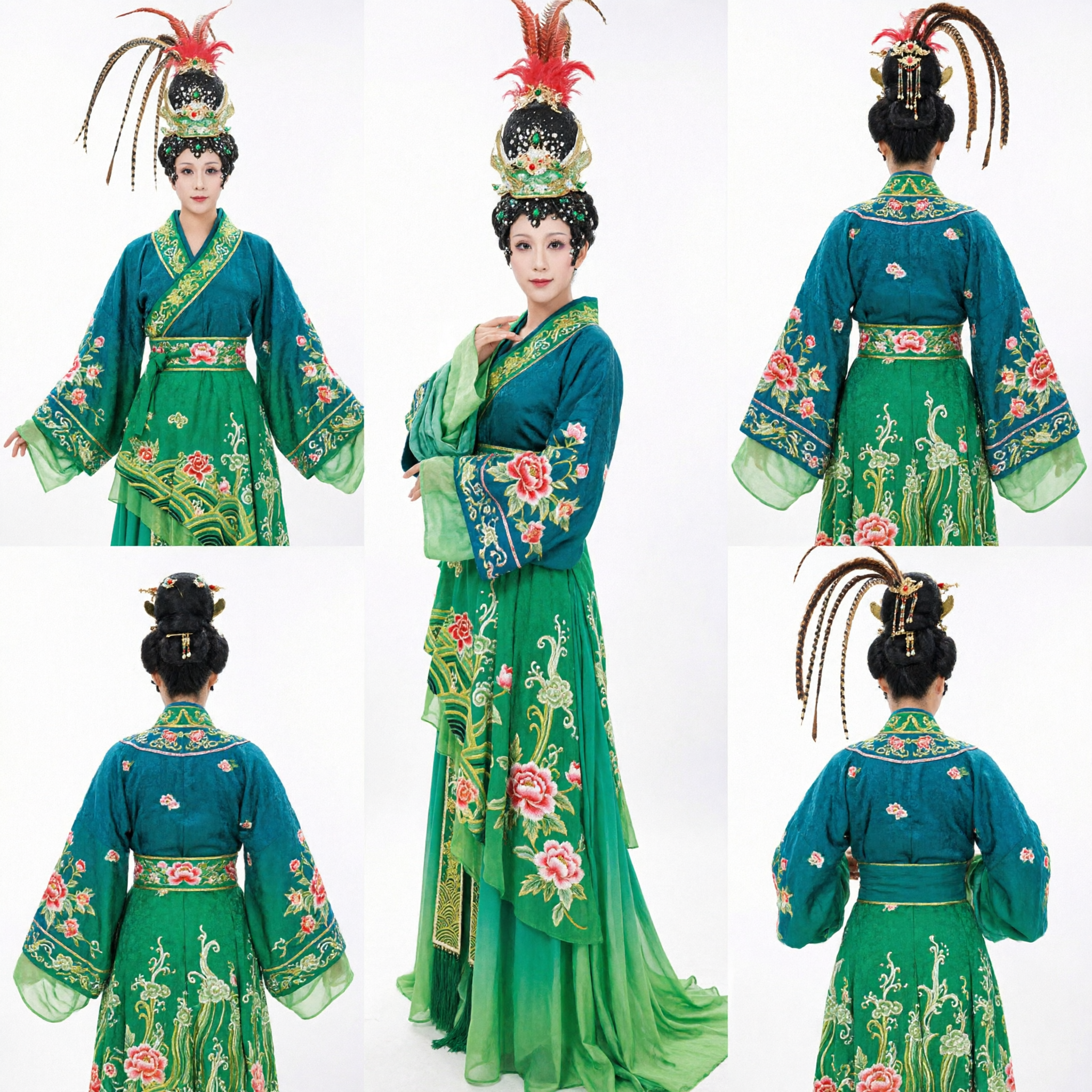 Chinese Traditional Peking Opera Costume Green Embroidered Robe with Feather Headdress for Women Stage Performance