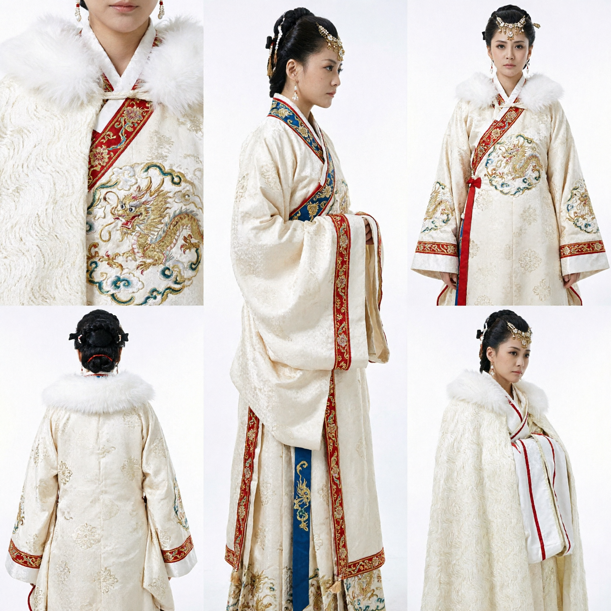 Luxurious White Fur Trimmed Cloak Traditional Chinese Hanfu Winter Cape for Historical Cosplay Women