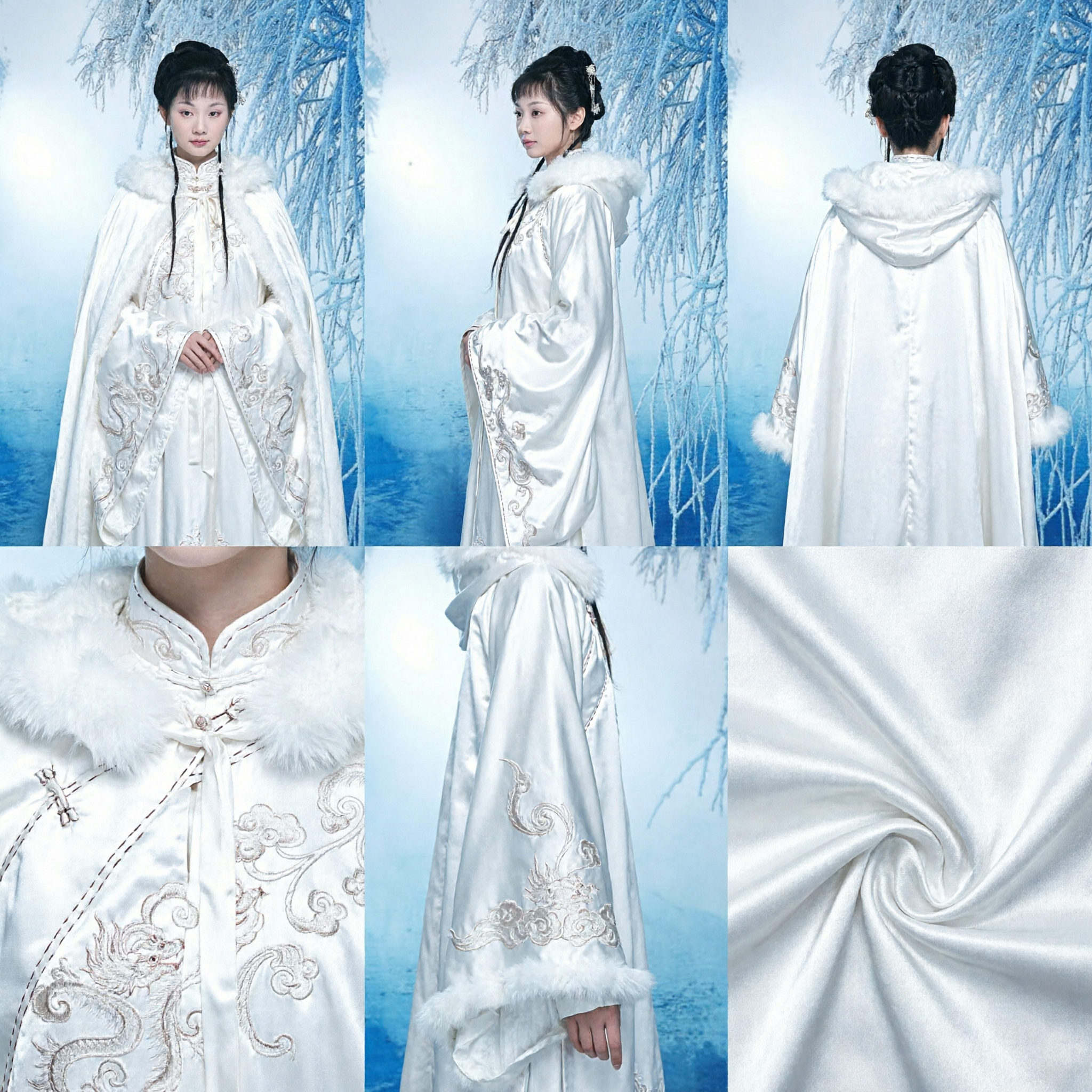 White Fur Collar Ancient Chinese Hanfu Costume for Women Winter Photography Cosplay Dress