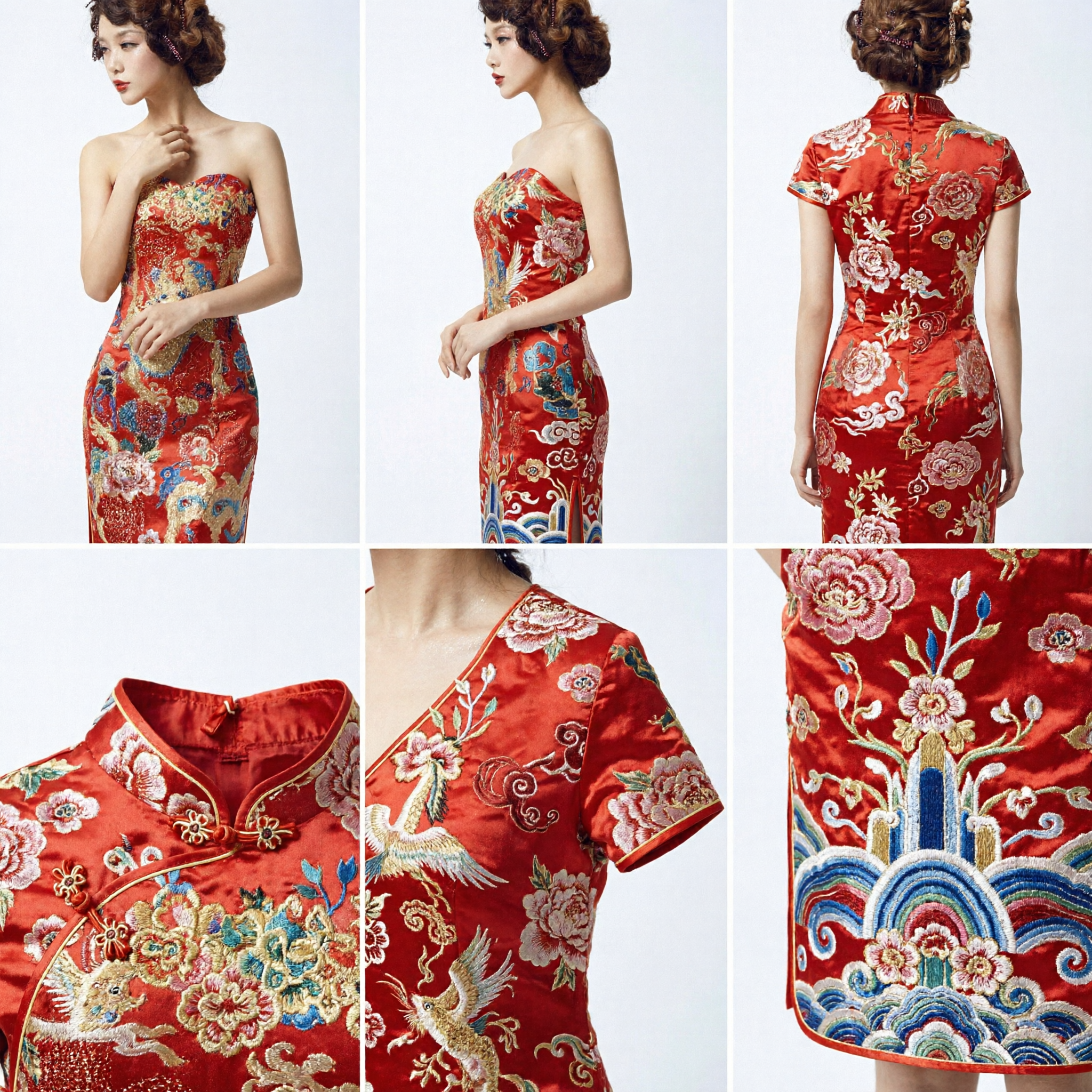 Elegant Red Chinese Wedding Dress Dragon Phoenix Embroidery Strapless Mermaid Gown for Bride