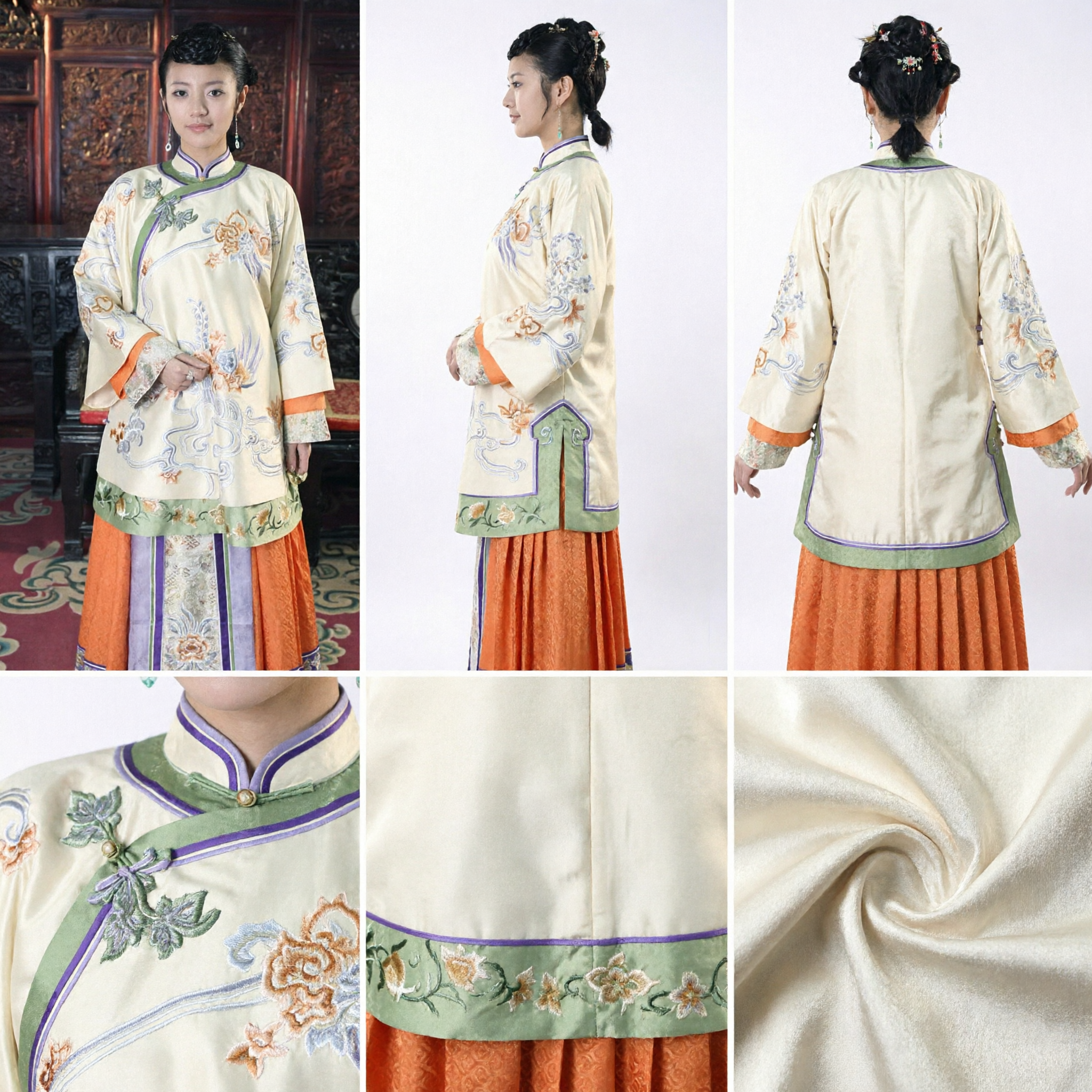 Traditional Chinese Qing Dynasty Embroidered Floral Top and Skirt Ancient Manchu Costume for Women