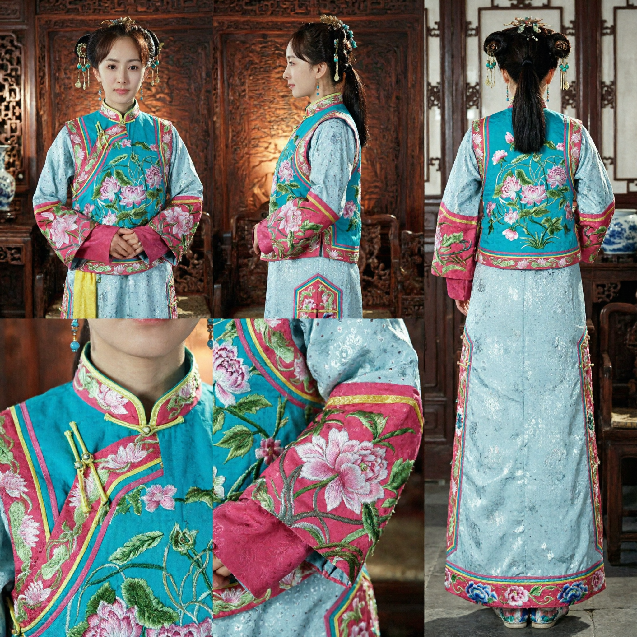 Traditional Chinese Qing Dynasty Manchu Embroidered Lotus Costume Ancient Palace Princess Dress for Women Historical Performance