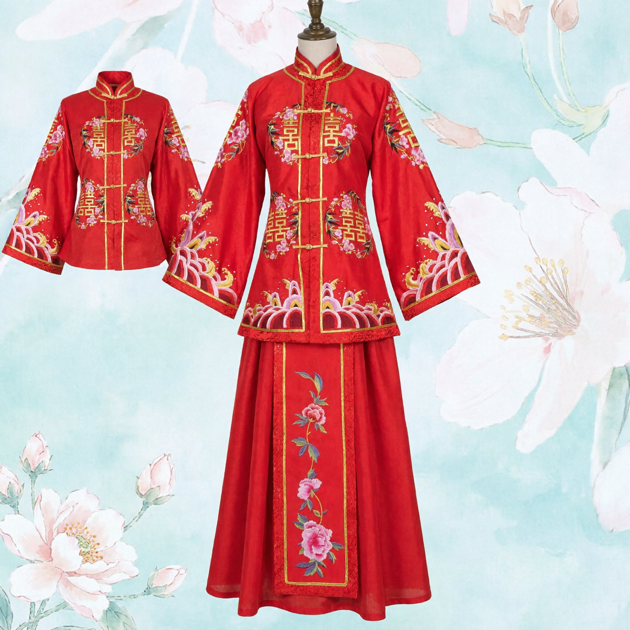 Traditional Chinese Wedding Dress Red Qun Kwa Two Piece Set with Gold Phoenix Embroidery for Bride