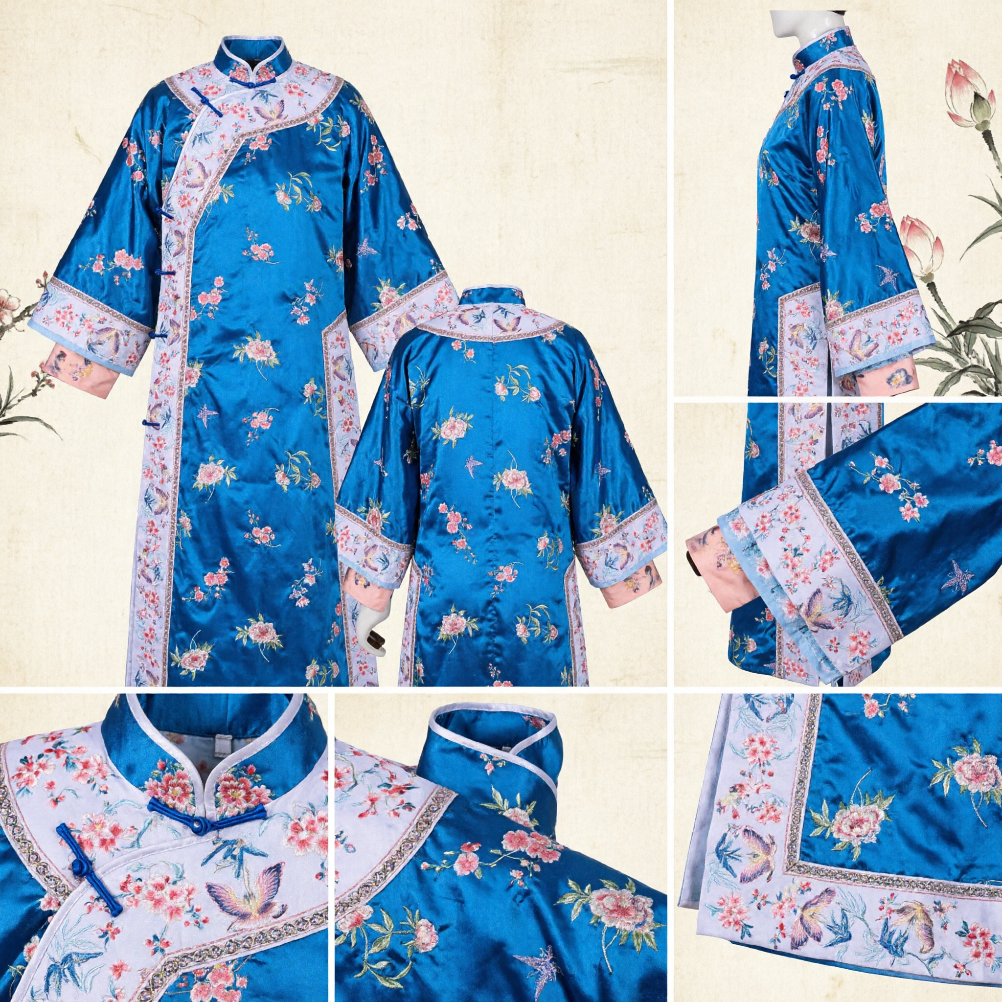 Traditional Blue Silk Changshan Robe Floral Embroidery Mandarin Collar Costume for Cultural Events and Performances