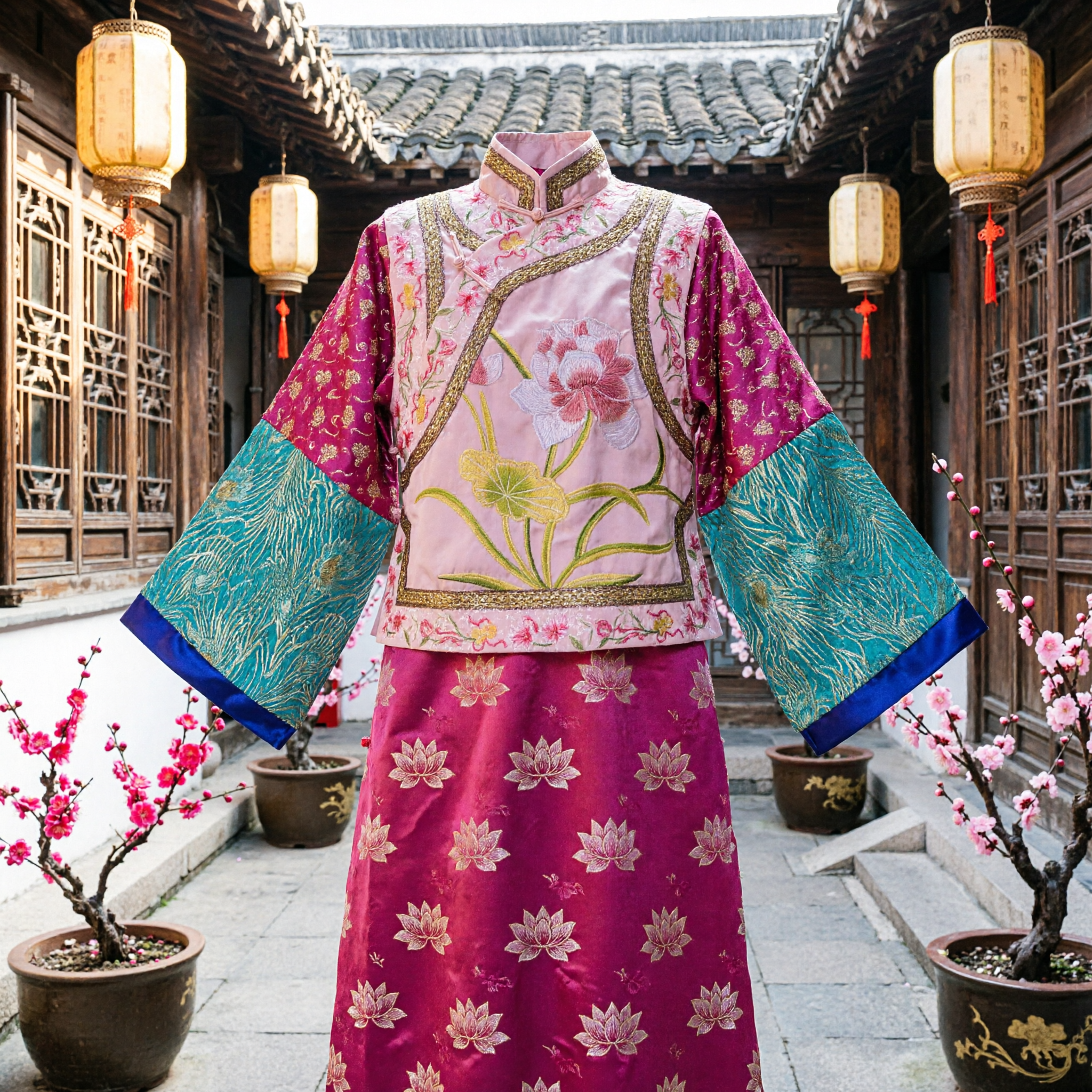 Traditional Chinese Qing Dynasty Costume Pink Floral Embroidery Wide Sleeve Top and Skirt Set for Women Dance Performance