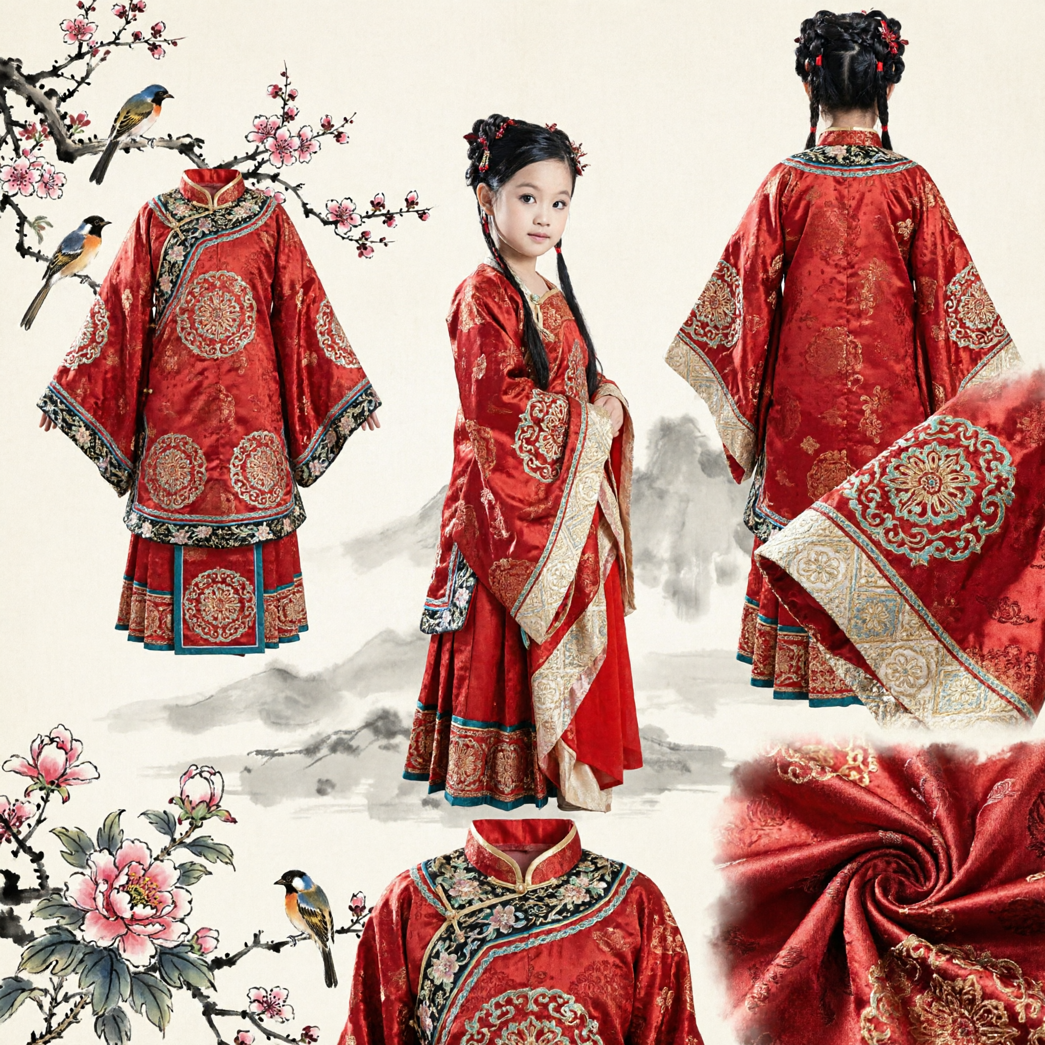 Traditional Chinese Hanfu Costume for Kids Girls Red Ancient Dress for Dance Performance and Photography