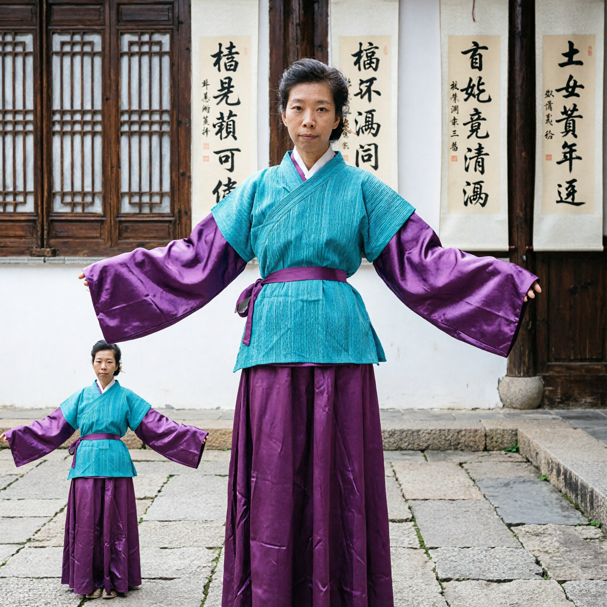 Traditional Asian Blue and Purple Costume with Wide Sleeves for Women Folk Dance Performance