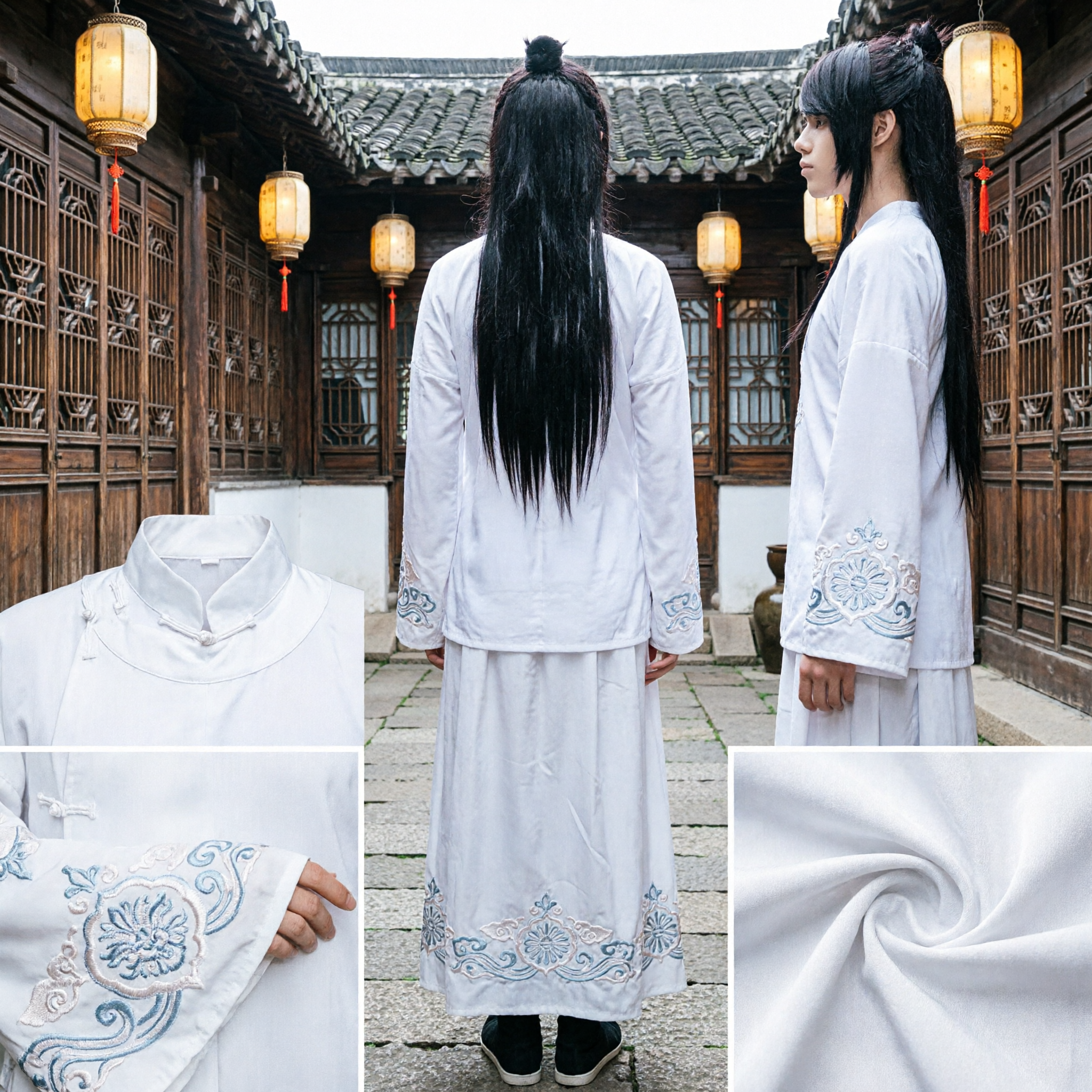 Chinese Ancient Swordsman Wig Black Long Hair for Men Cosplay Wuxia Hanfu Historical Costume Accessory