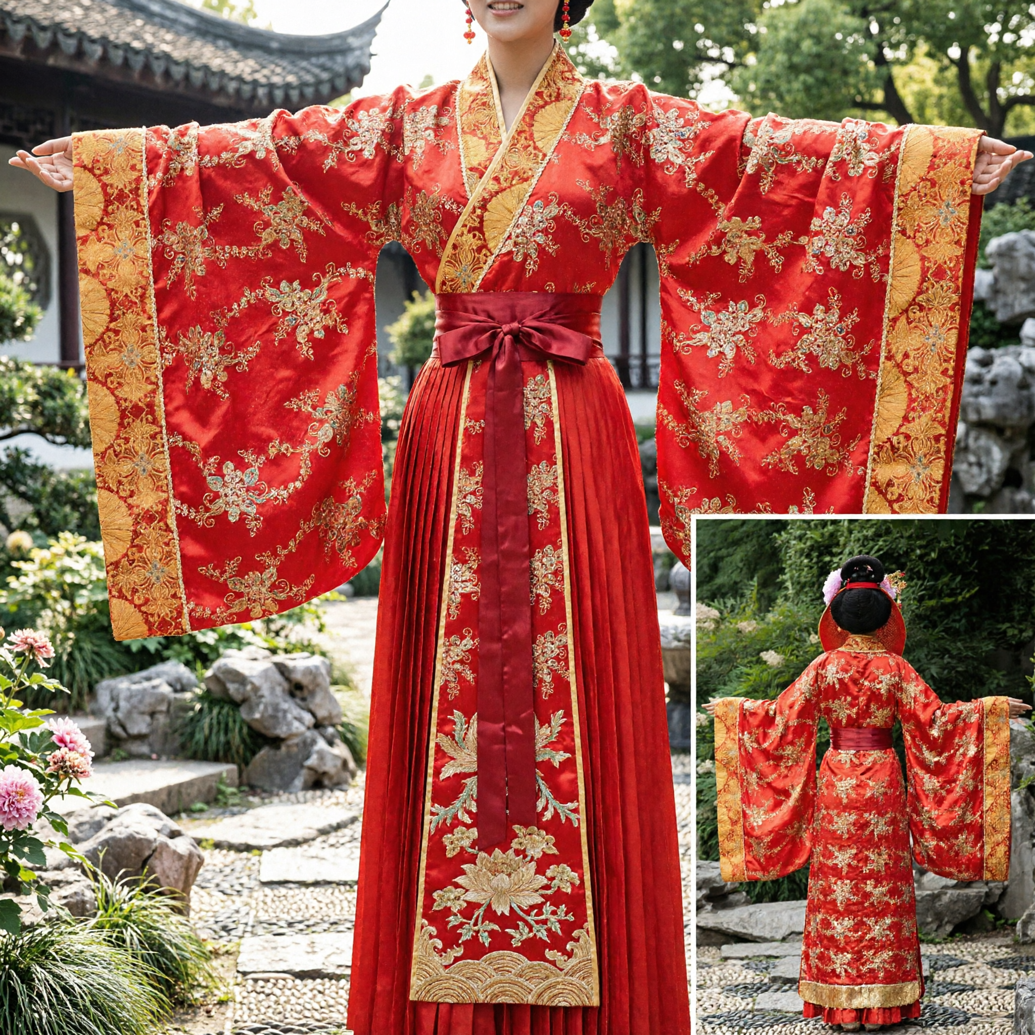 Traditional Chinese Ancient Tang Dynasty Red Embroidered Hanfu Costume for Women Royal Performance Dress