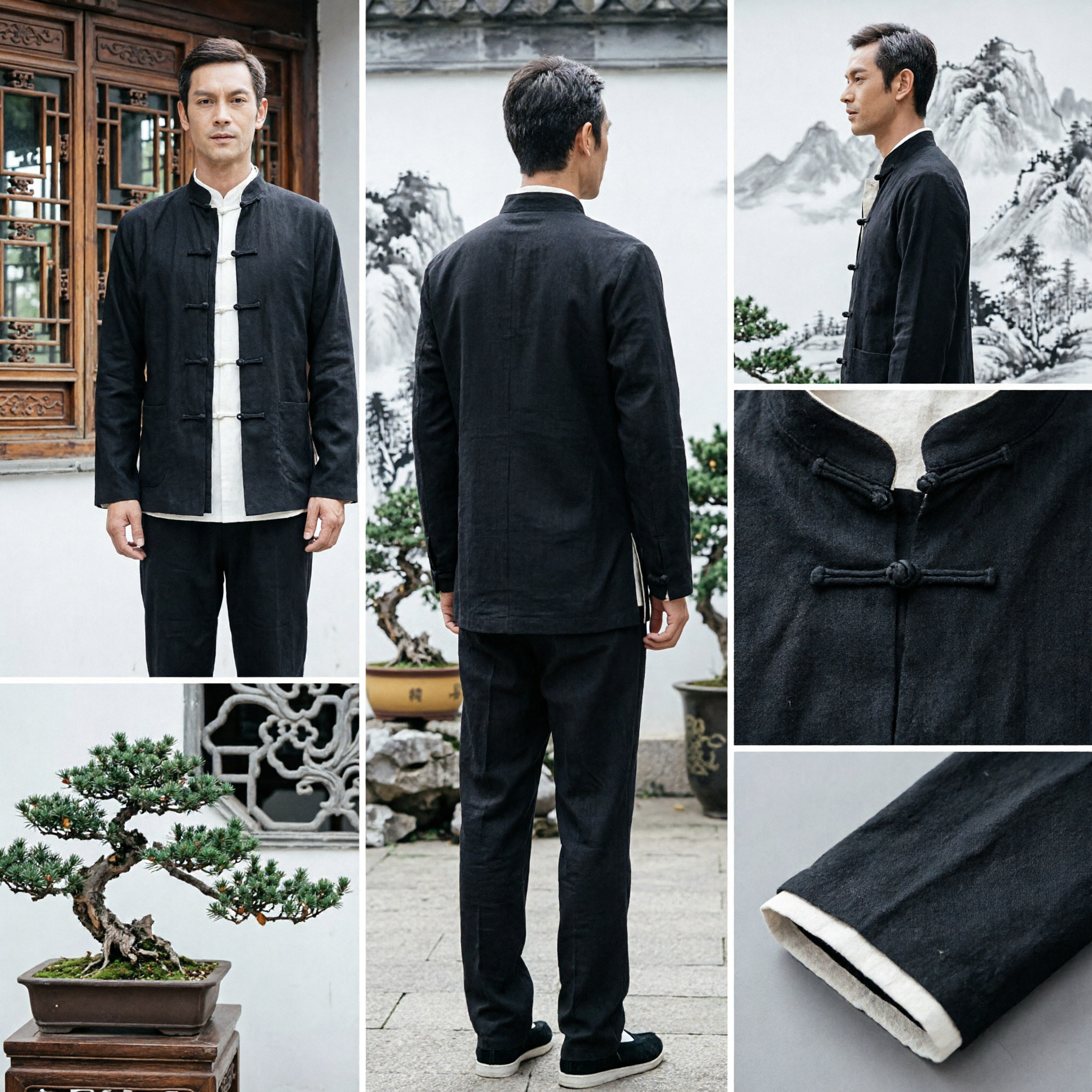 Men's Traditional Chinese Tang Suit Linen Kung Fu Tai Chi Jacket and Pants Ethnic Clothing Set