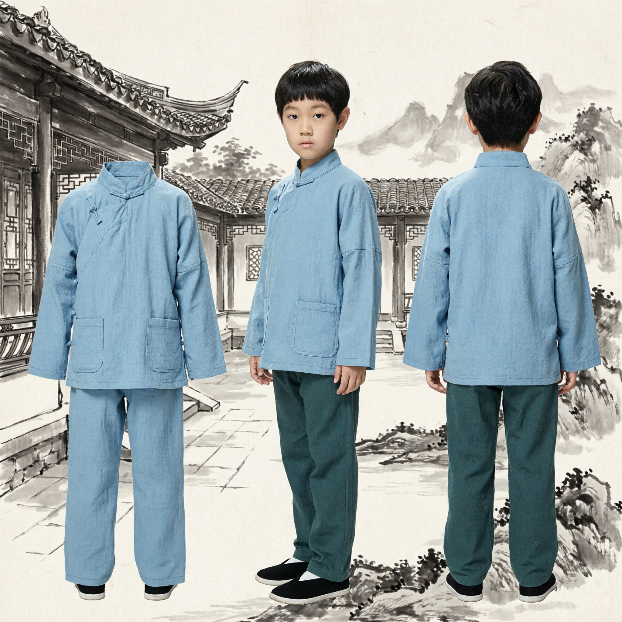 Kids Boys Traditional Chinese Hanfu Costume Set Ancient Scholar Robe and Trousers Outfit