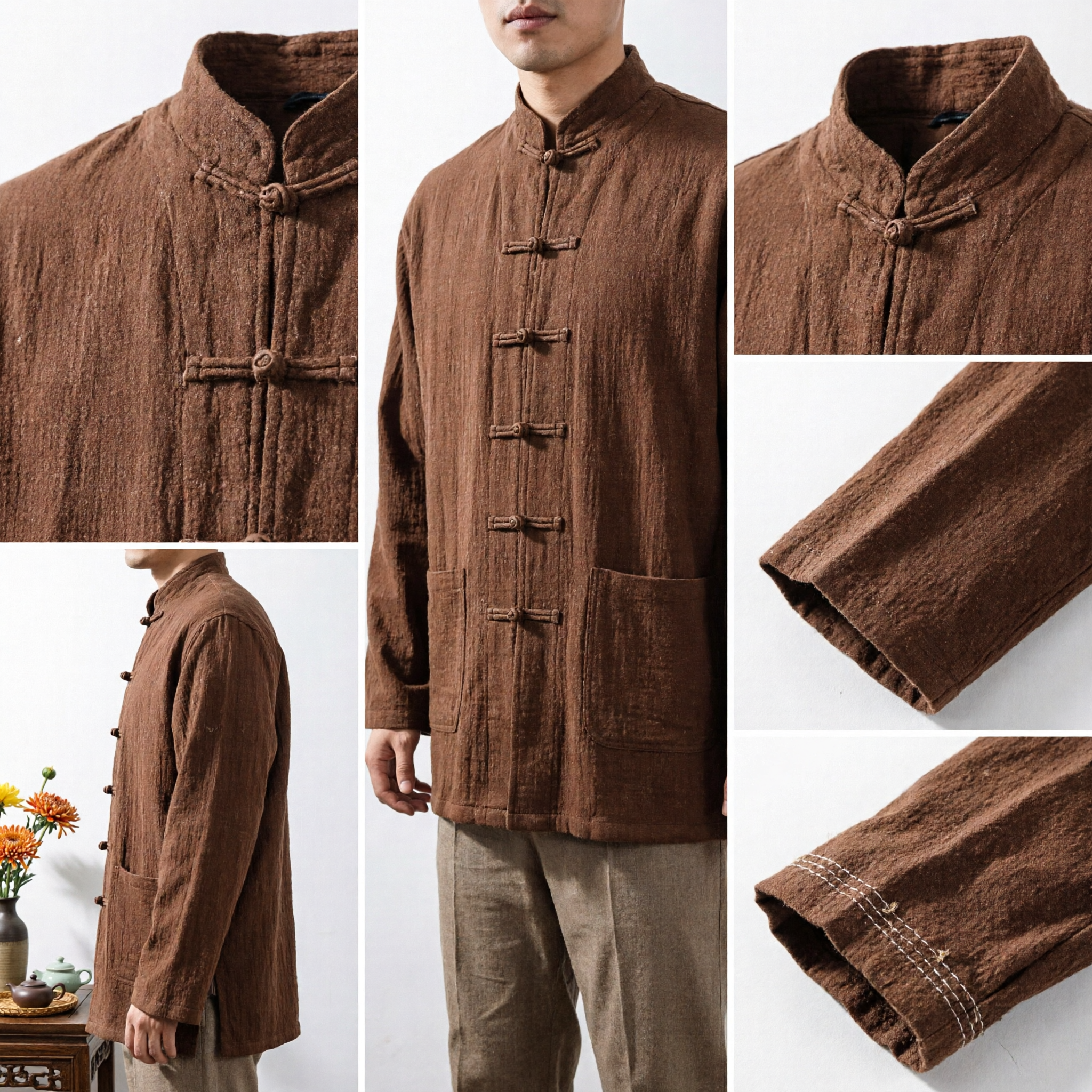 Men's Traditional Chinese Tang Suit Jacket Brown Cotton Linen Kung Fu Coat with Frog Buttons for Casual Wear