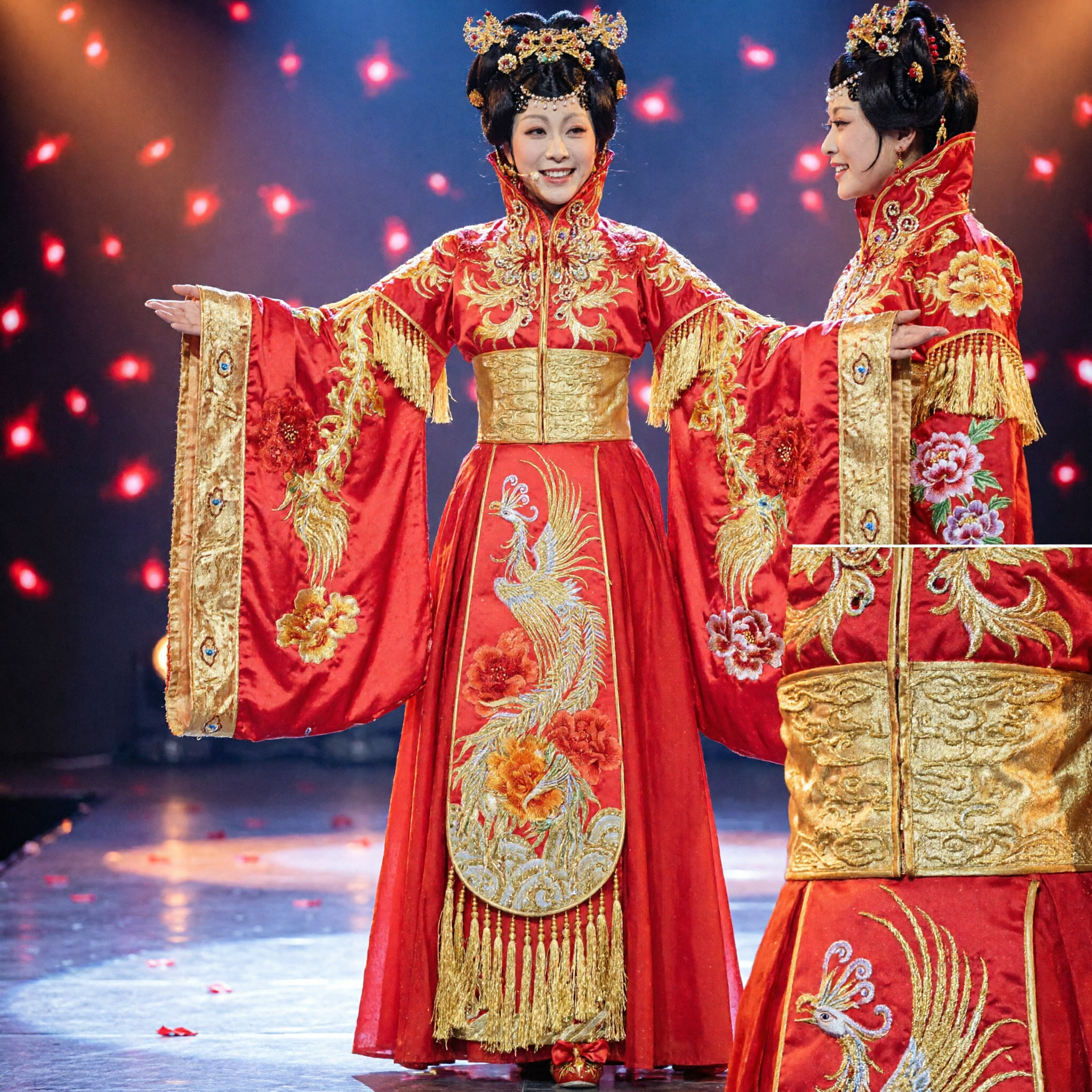Women's Chinese Traditional Red Empress Costume with Gold Phoenix Embroidery for Stage Performance and Dance