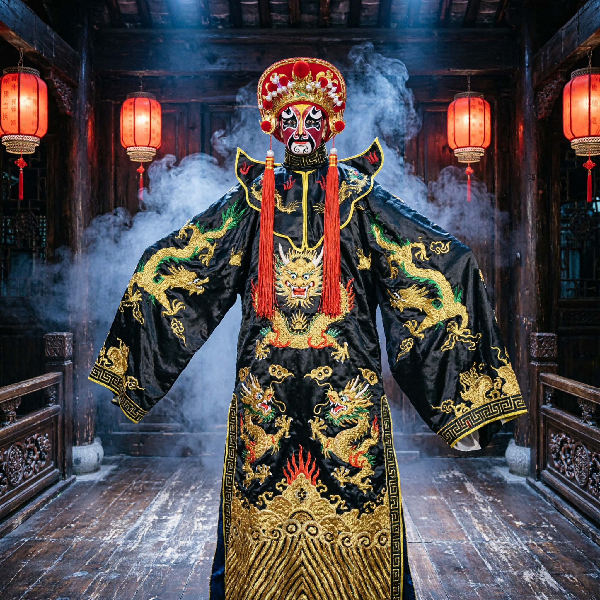 Traditional Chinese Sichuan Opera Face Changing Costume Black Dragon Robe and Mask Set for Performance