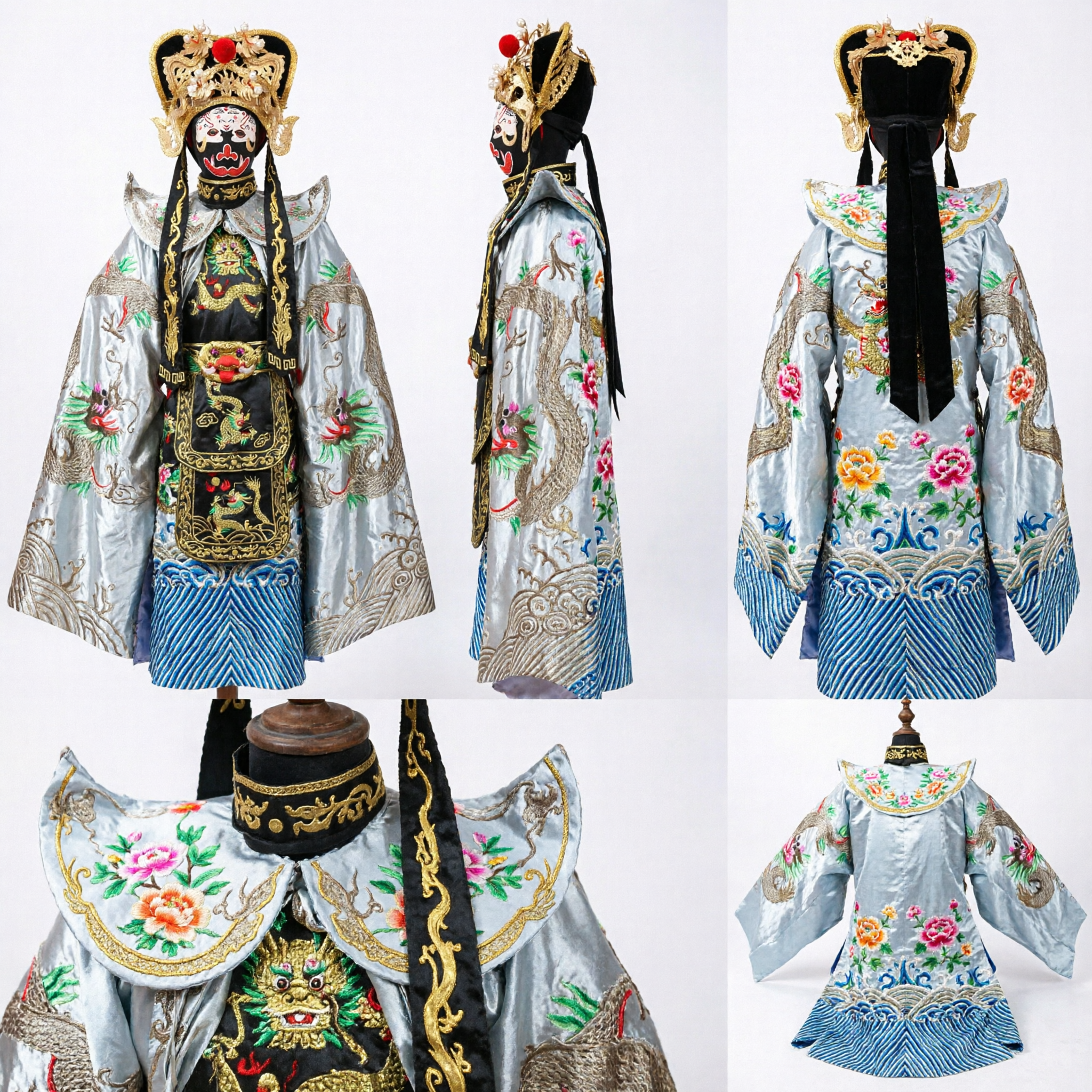 Traditional Chinese Peking Opera Costume Silver Dragon Robe General Mask Headdress Set for Adult Stage Performance