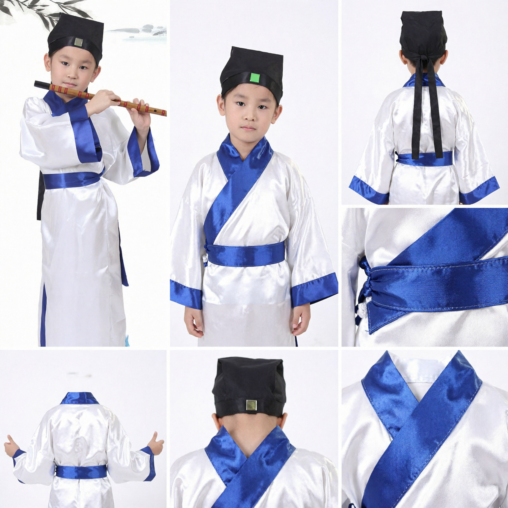 Traditional Chinese Scholar Costume for Kids Boys White Hanfu Robe Ancient Poet Outfit for Stage Performance