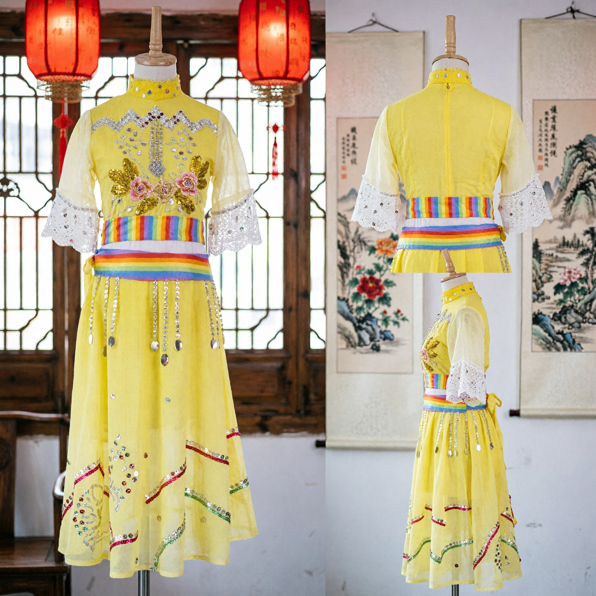 Yellow Chinese Ethnic Minority Dance Costume for Girls Traditional Folk Performance Dress