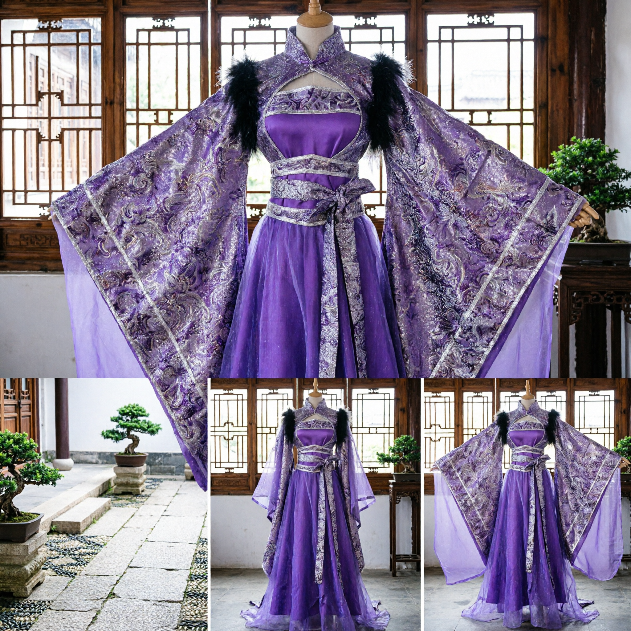 Elegant Purple Traditional Chinese Hanfu Ancient Costume with Wide Sleeves and Fur Trim for Women Cosplay