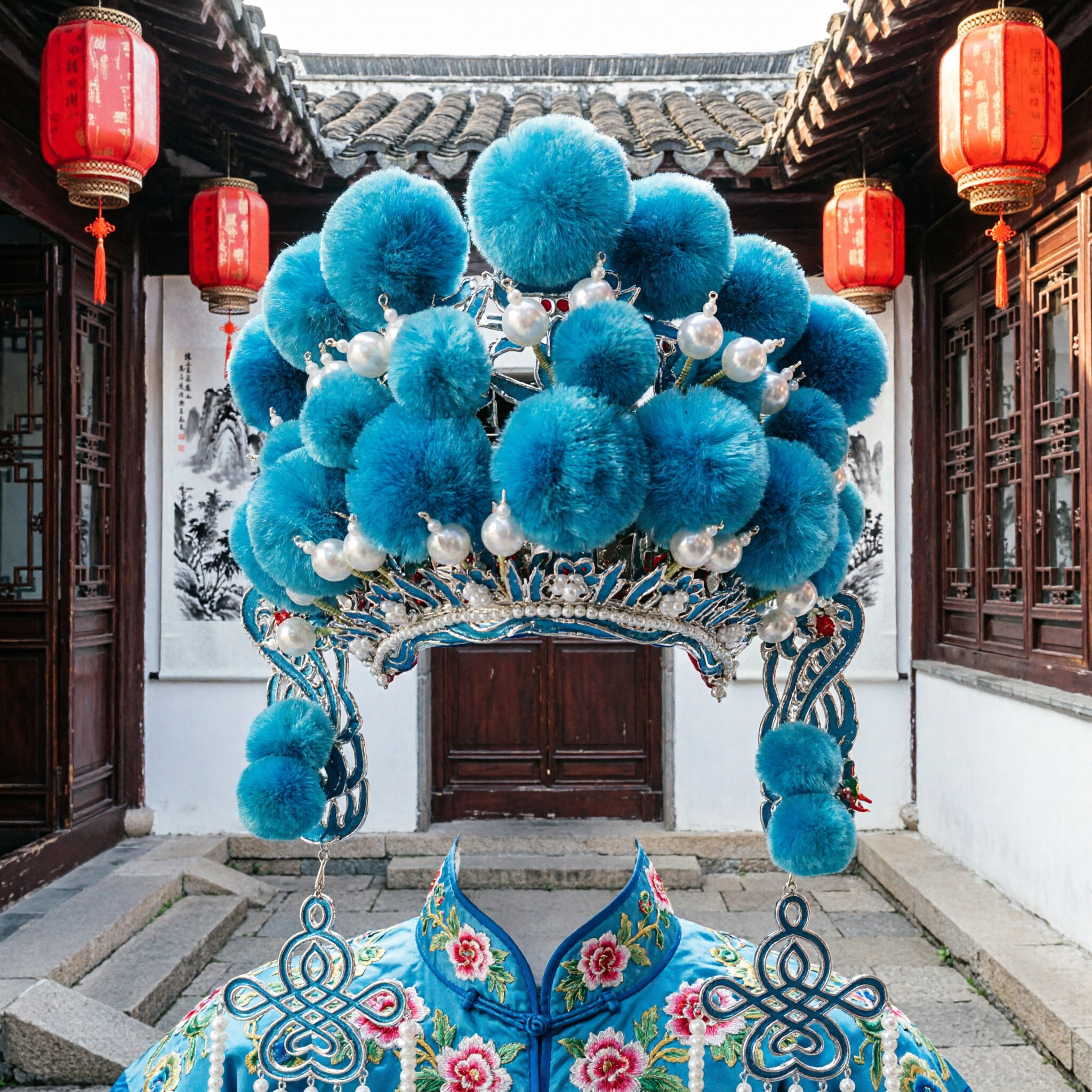 Traditional Chinese Opera Blue Pom Pom Headdress with Pearls for Peking Opera Female Dan Role Costume