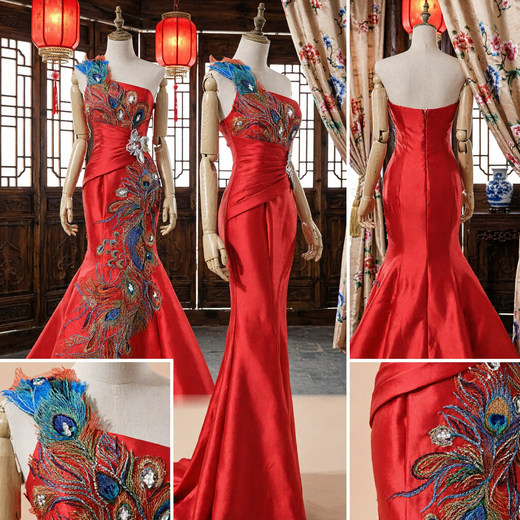 Luxurious Red One-Shoulder Mermaid Evening Gown with Peacock Embroidery for Formal Occasions and Weddings