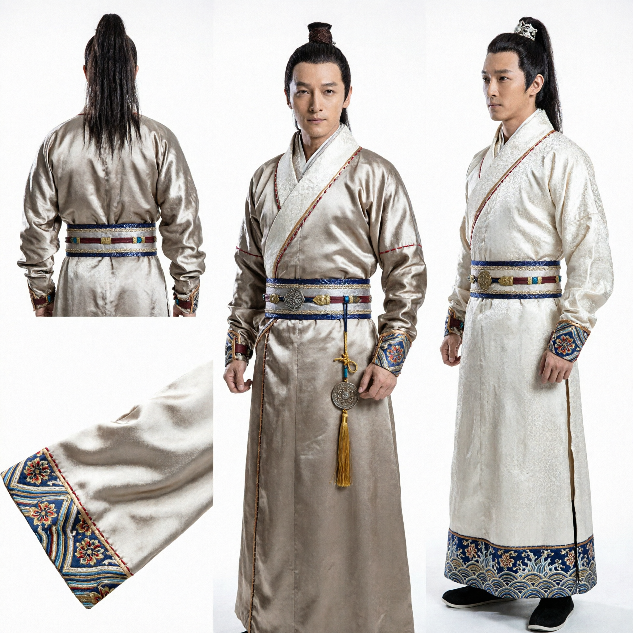 Men's Ancient Chinese Hanfu Silk Robe Traditional Wuxia Swordsman Costume for Cosplay and Stage Performance