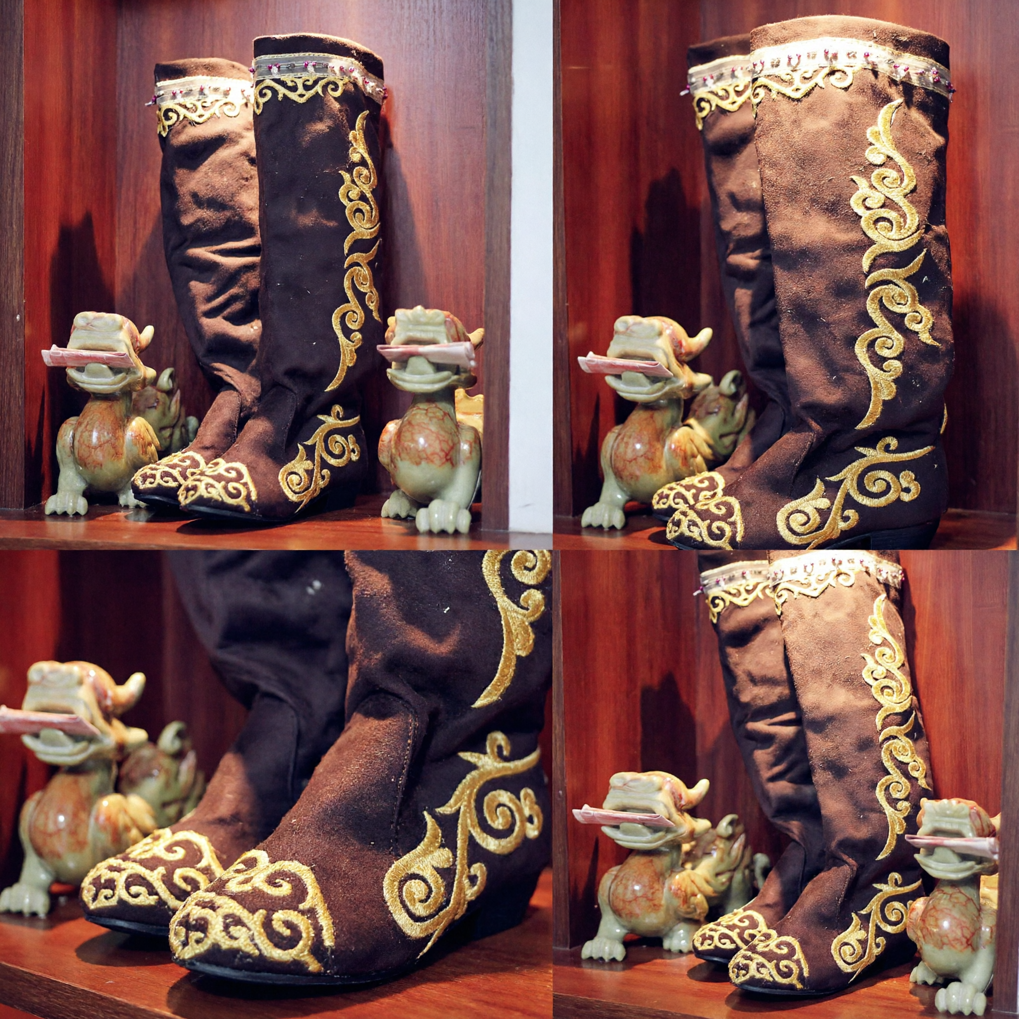 Traditional Chinese Mongolian Style Brown Boots with Gold Embroidery for Hanfu and Stage Performance