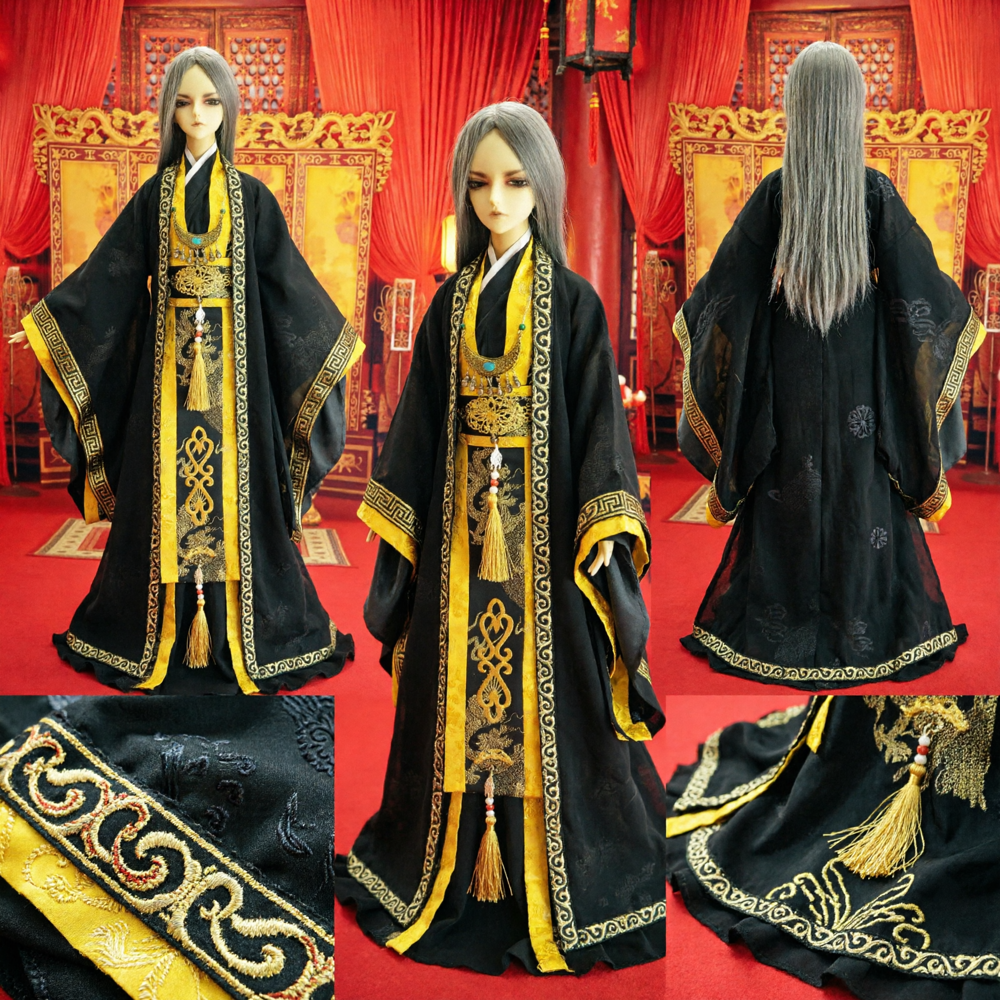 Ancient Chinese Emperor Hanfu Costume Black Gold Imperial Robe for BJD Doll Traditional Clothing
