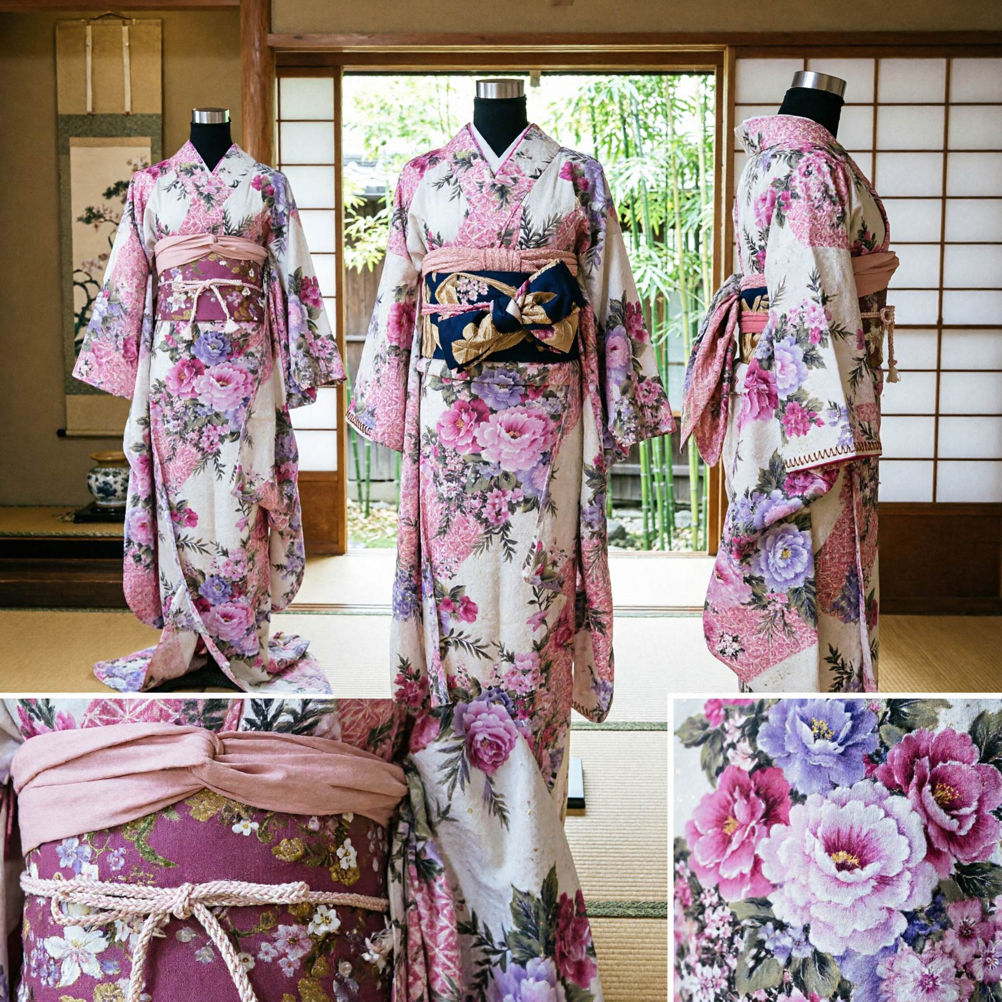 Traditional Japanese Floral Kimono Dress Pink Purple Flower Pattern Long Sleeve Geisha Costume for Women Stage Performance