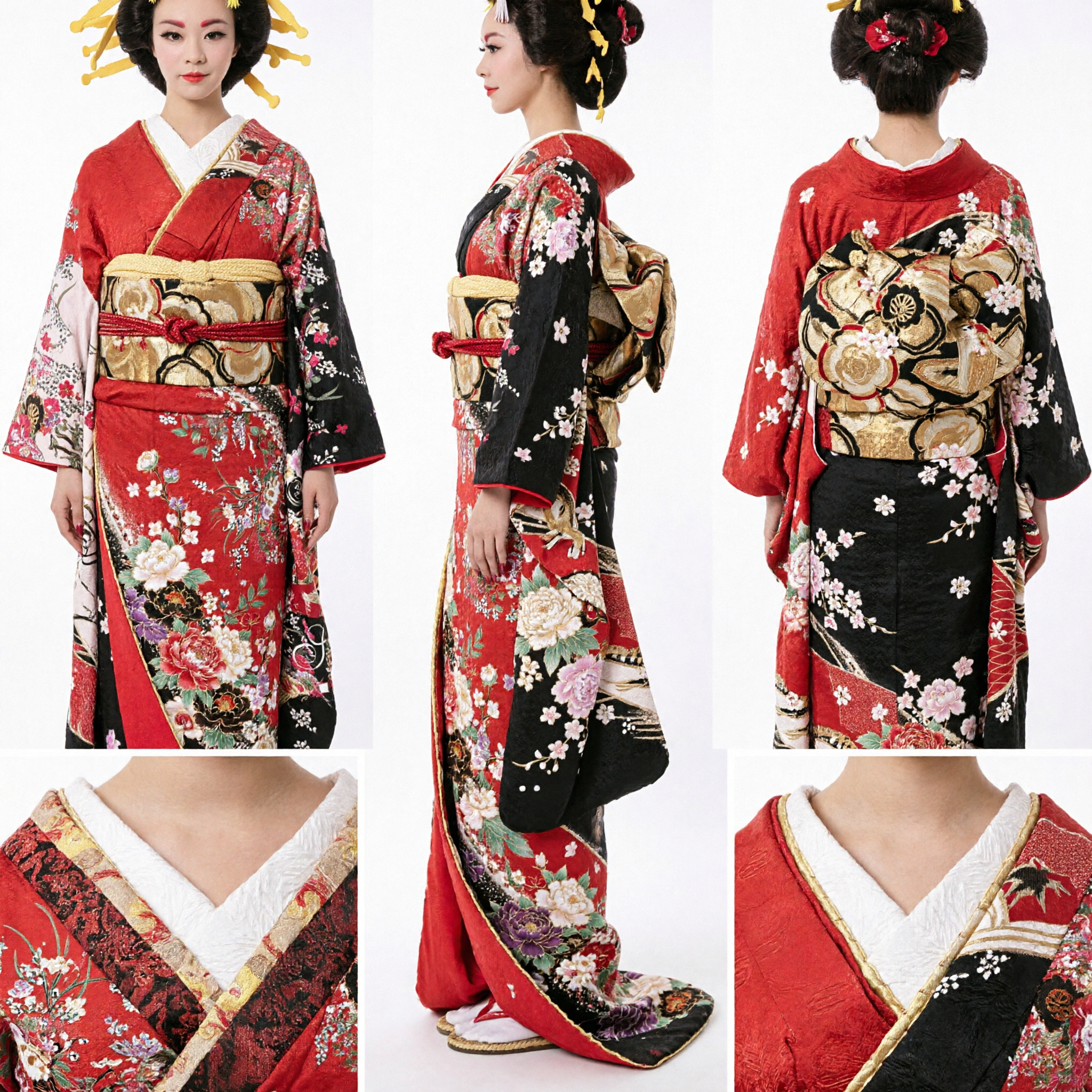 Traditional Japanese Geisha Kimono Costume Set for Women with Elaborate Hairpiece and Shamisen for Performance