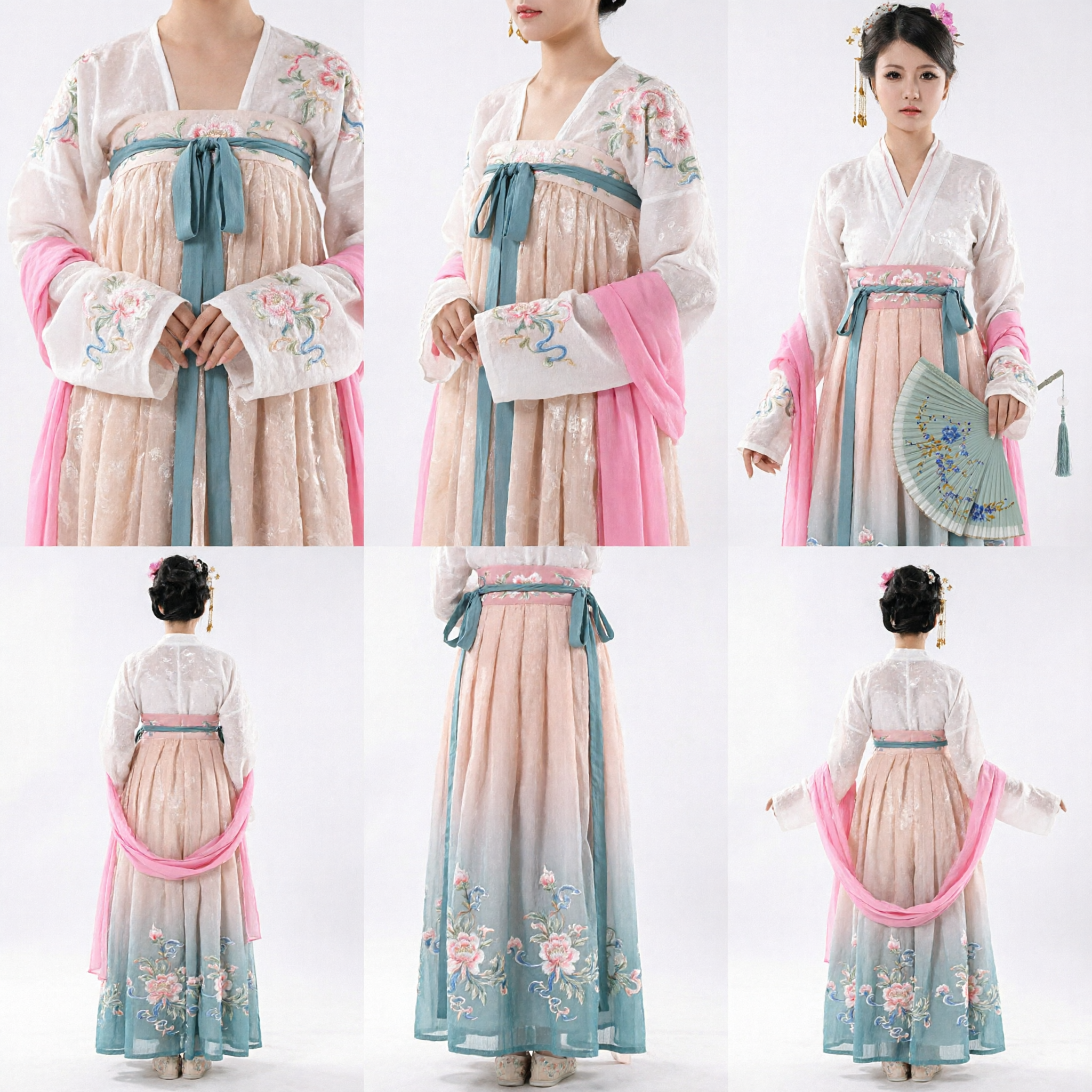 Traditional Chinese Tang Dynasty Hanfu Dress Women's Ancient Costume Set with Pink Shawl and Fan