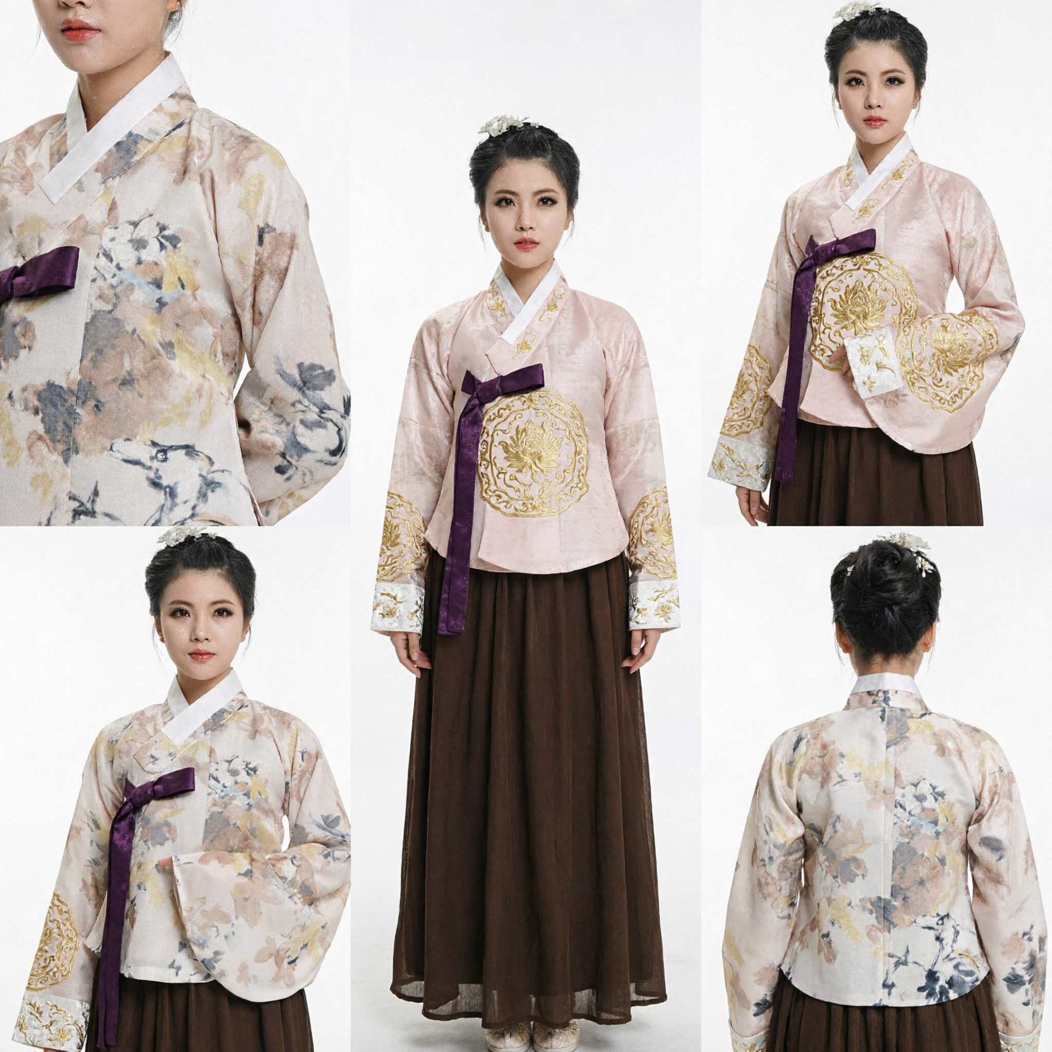 Women's Traditional Korean Hanbok Costume Floral Print Jeogori Top and Brown Chima Skirt Set