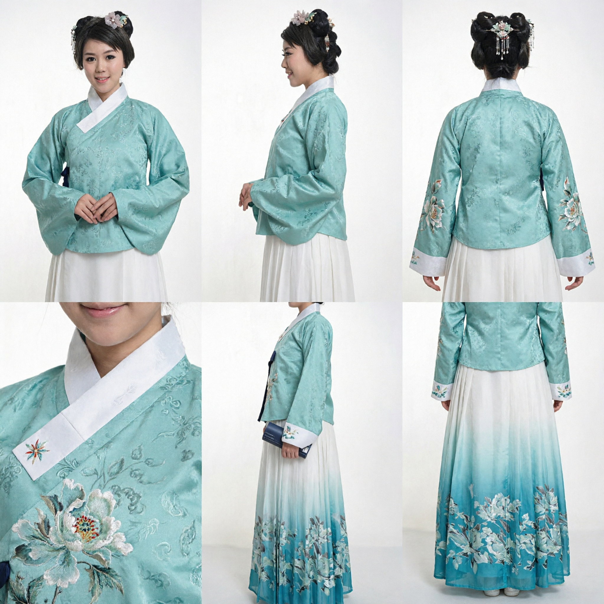 Traditional Chinese Hanfu Ming Dynasty Style Mint Green Top and Floral Skirt Set for Women Tea Ceremony Photography