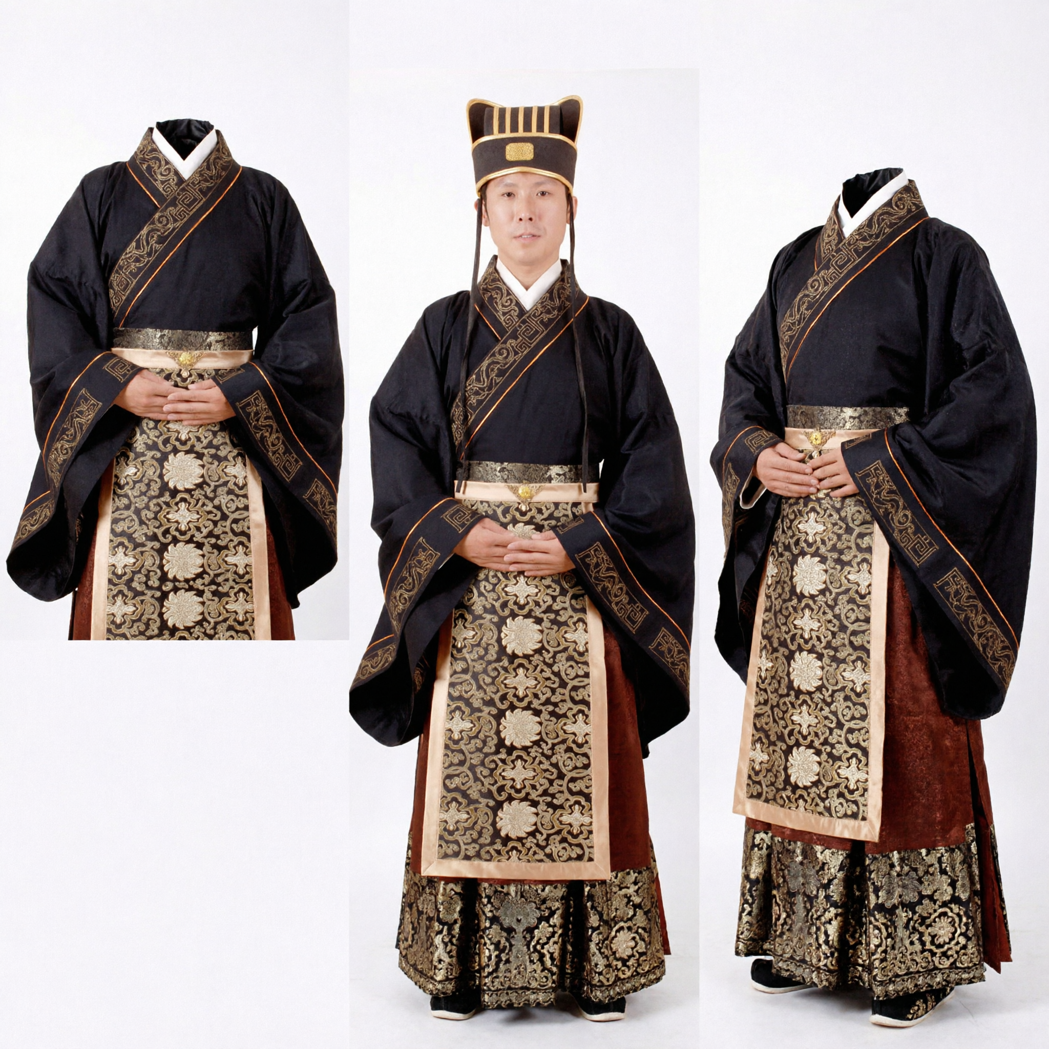 Traditional Ancient Chinese Black Hanfu Robe with Gold Embroidery Men's Historical Costume for Performance